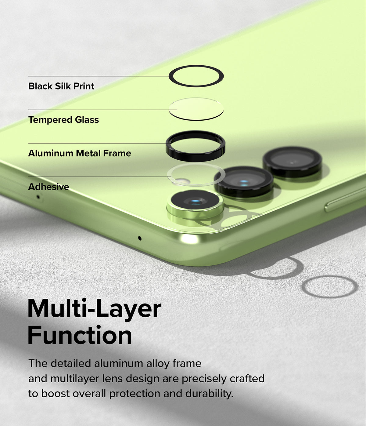 Galaxy A54 5G Camera Lens Protector | Camera Lens Frame Glass - Galaxy A54 5G Camera Lens Protector - Exploded view of lens protector layers over a lime green smartphone camera.