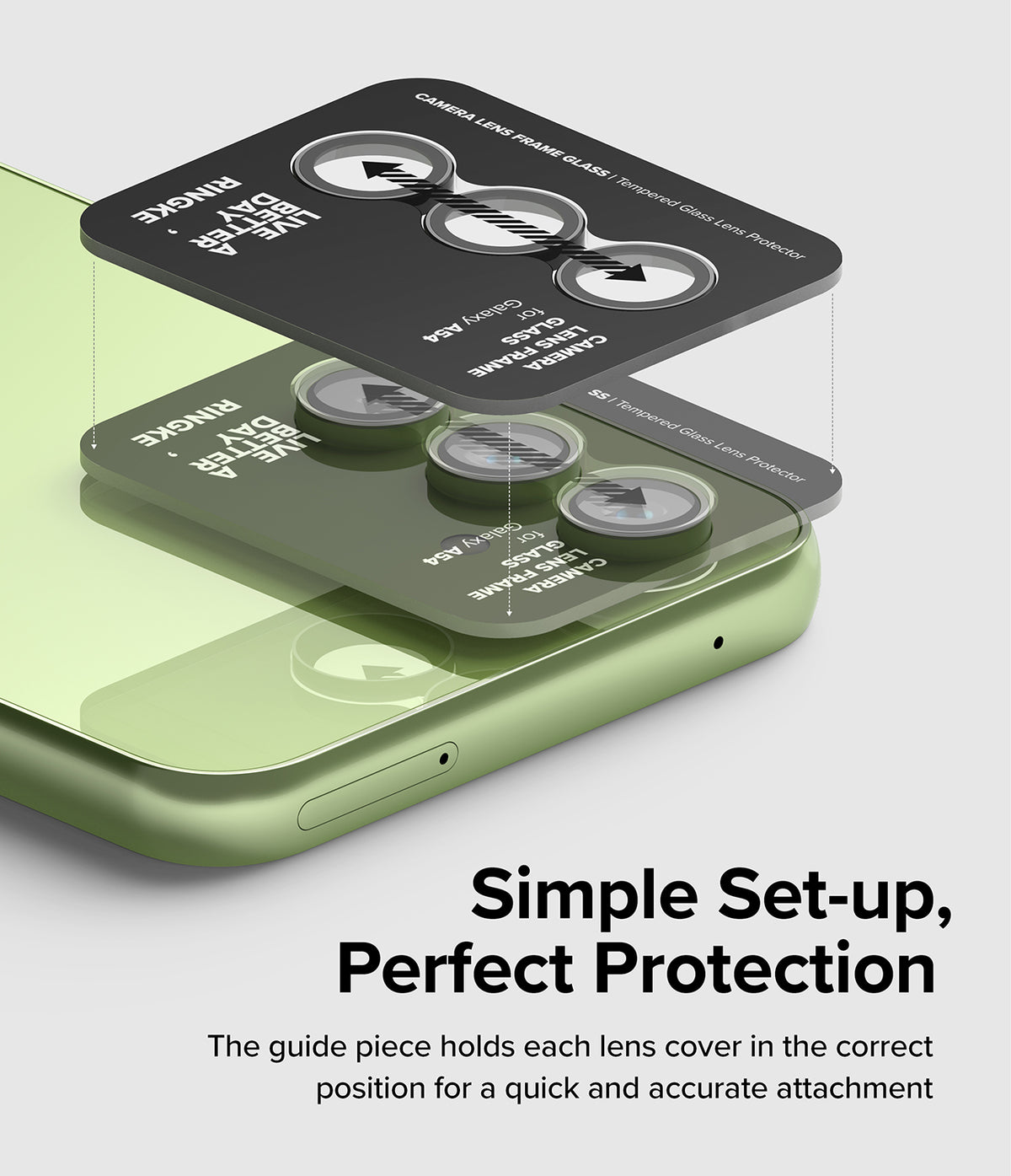 Galaxy A54 5G Camera Lens Protector | Camera Lens Frame Glass - Galaxy A54 5G Camera Lens Protector - A guide tray aligns three glass lens covers onto a light green smartphone camera.