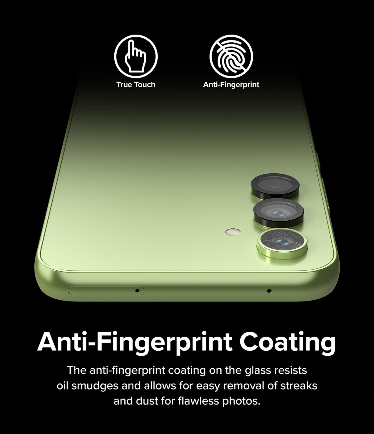 Galaxy A54 5G Camera Lens Protector | Camera Lens Frame Glass - Galaxy A54 5G Camera Lens Protector - Green phone with black lens protectors, featuring anti-fingerprint icons and text.