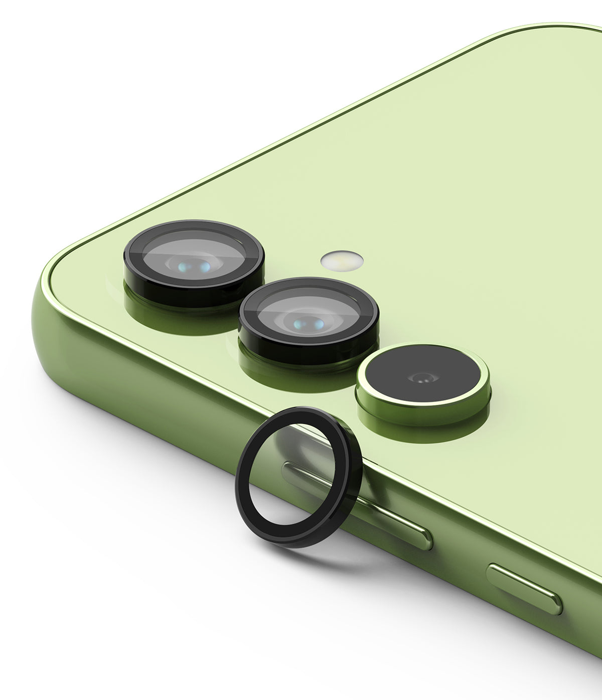 Galaxy A54 5G Camera Lens Protector | Camera Lens Frame Glass - Galaxy A54 5G Camera Lens Protector - Black circular lens protector ring positioned near a light green smartphone camera.