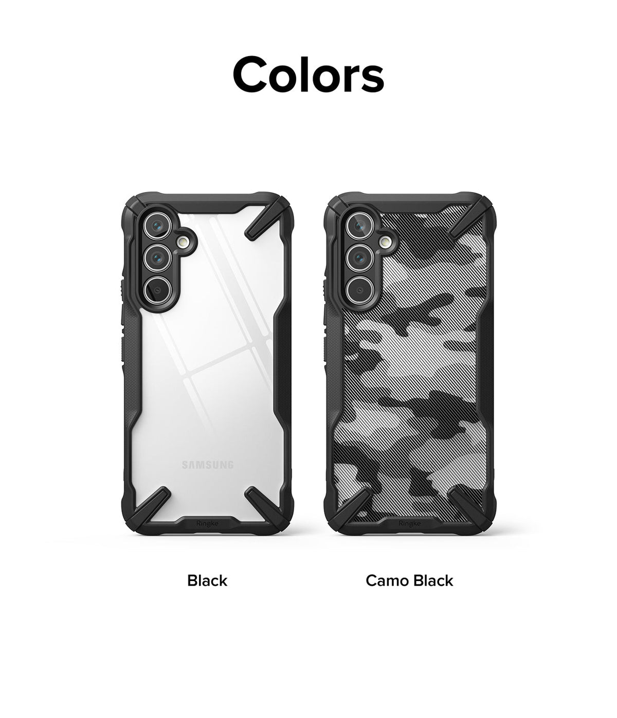 Galaxy A54 Case | Fusion-X - Two Galaxy A54 cases in Black and Camo Black with reinforced corners and clear or patterned backs.