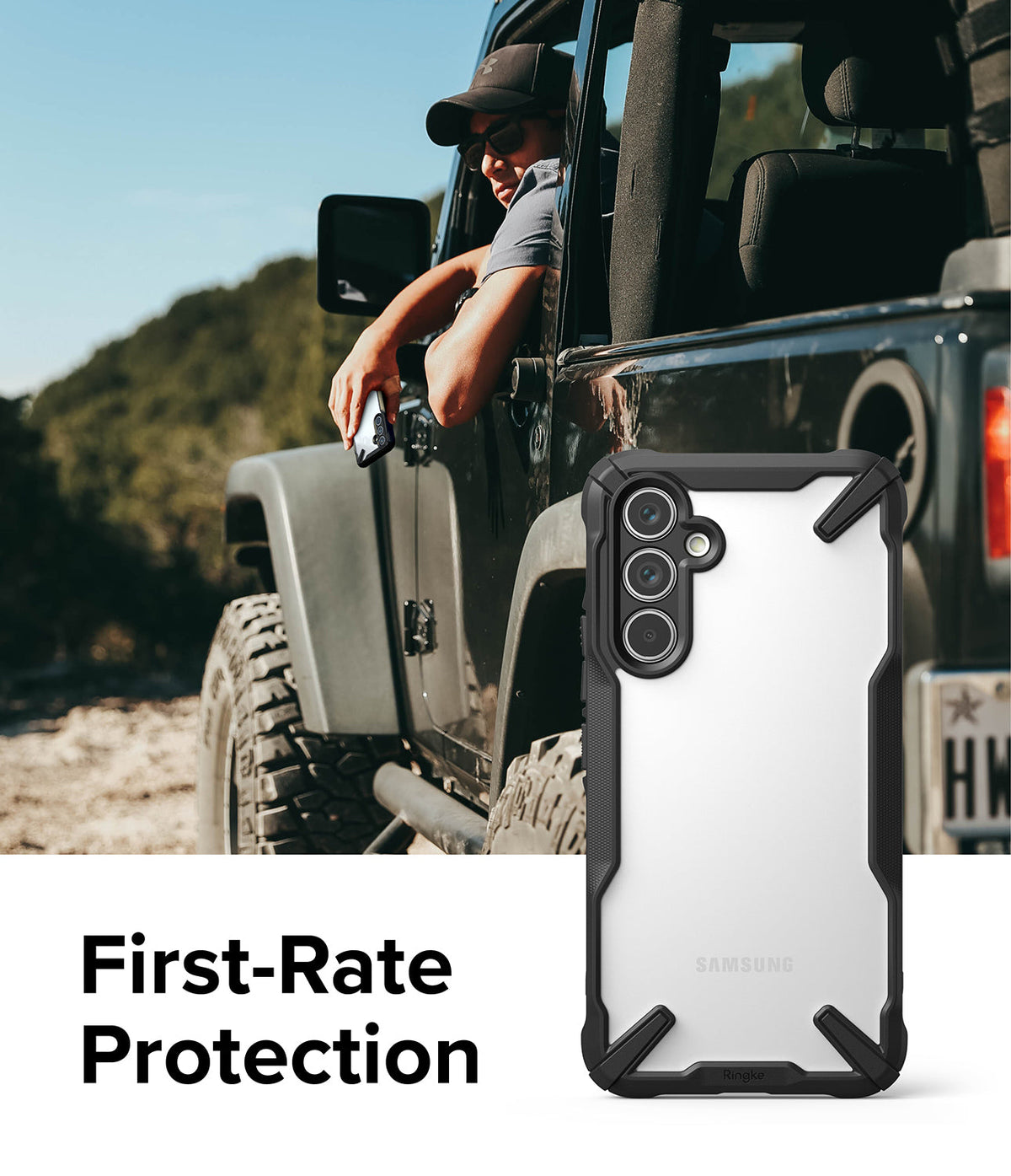 Galaxy A54 Case | Fusion-X - Rugged black and clear phone case shown against a man in a Jeep with First-Rate Protection text.