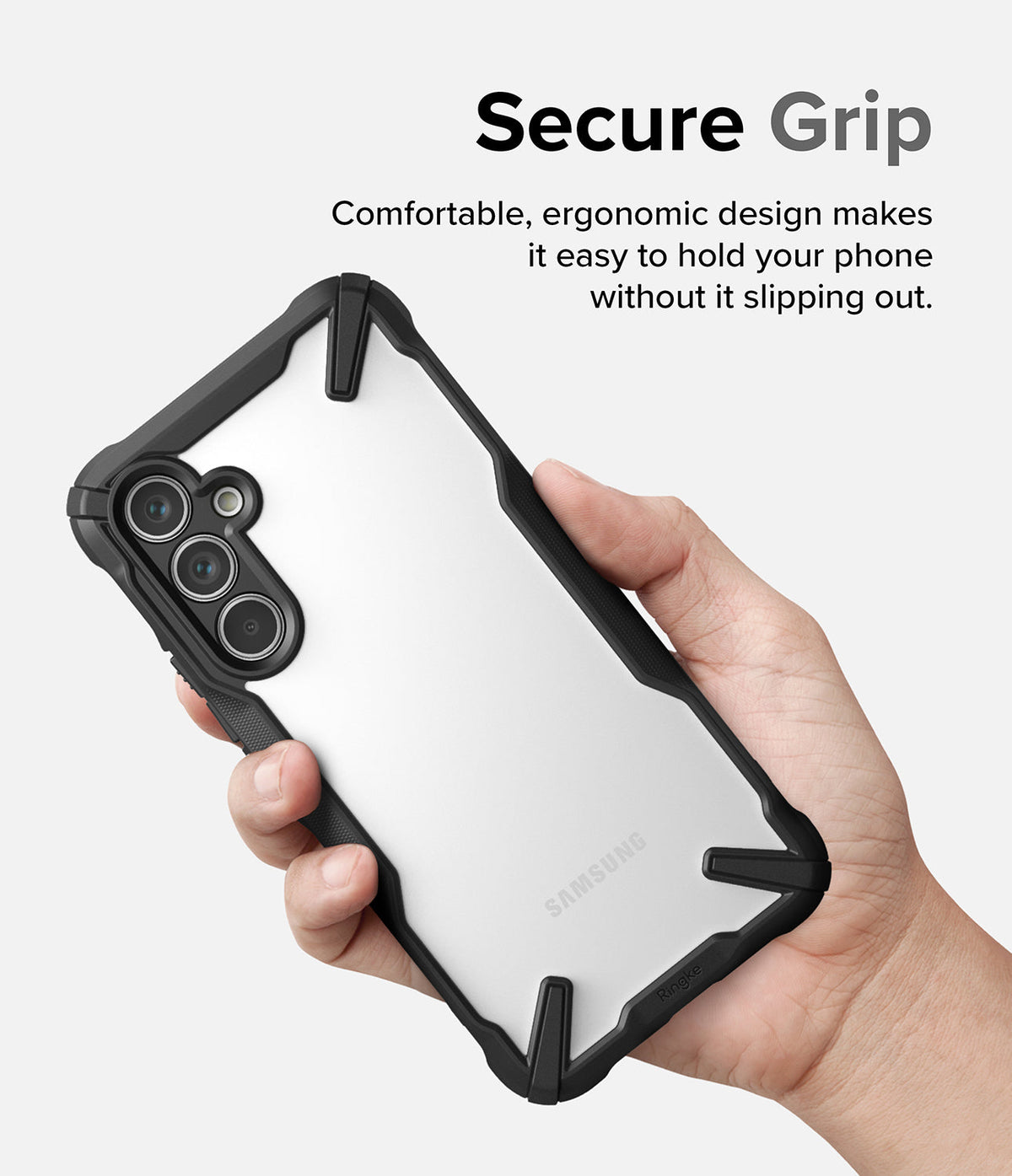 Galaxy A54 Case | Fusion-X - Hand holding a Galaxy A54 in a black, clear-backed Fusion-X case with reinforced corner bumpers.