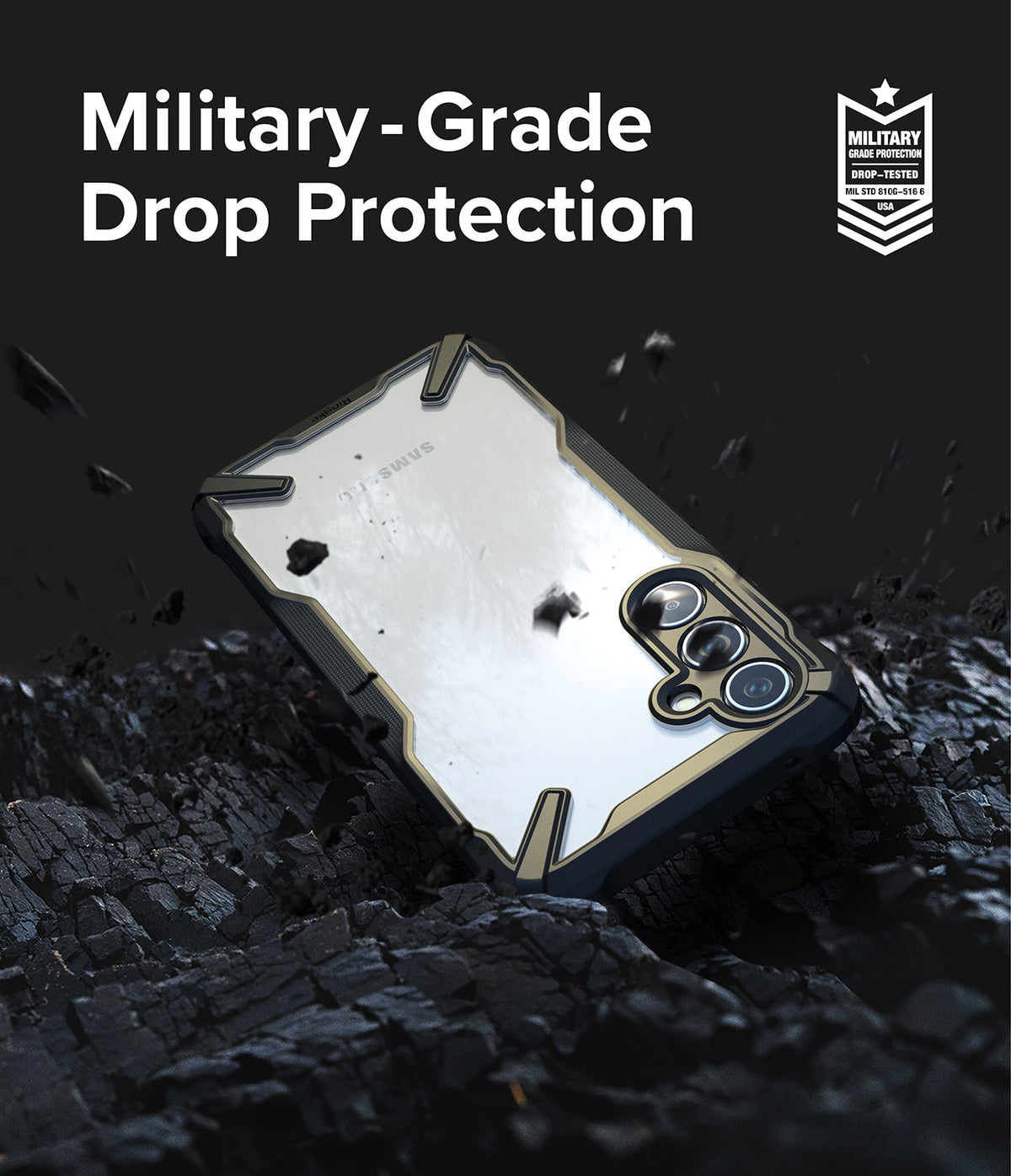 Galaxy A54 Case | Fusion-X - A rugged phone case on rocky terrain with military-grade drop protection text and badge.