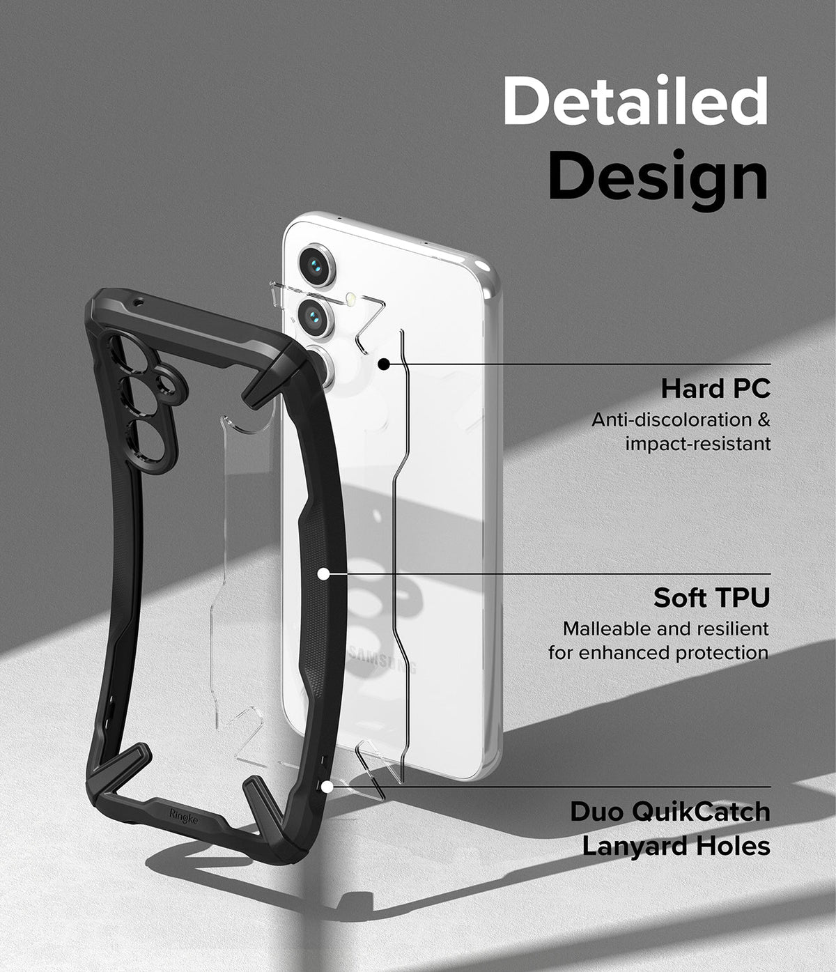 Galaxy A54 Case | Fusion-X - Exploded view of a black protective phone case highlighting hard PC, soft TPU, and lanyard holes.