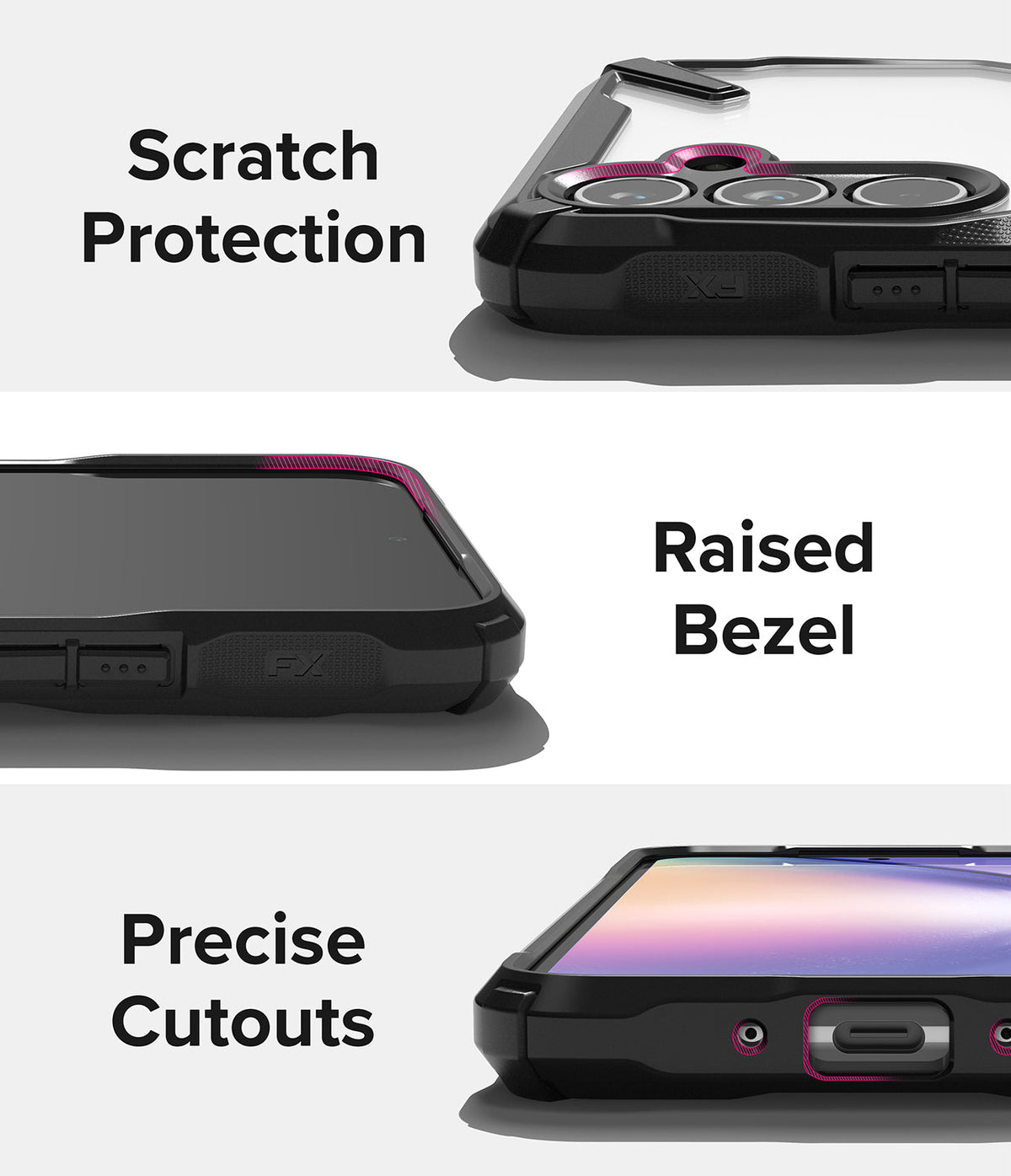 Galaxy A54 Case | Fusion-X - Three close-up views highlighting scratch protection, raised bezels, and precise port cutouts.