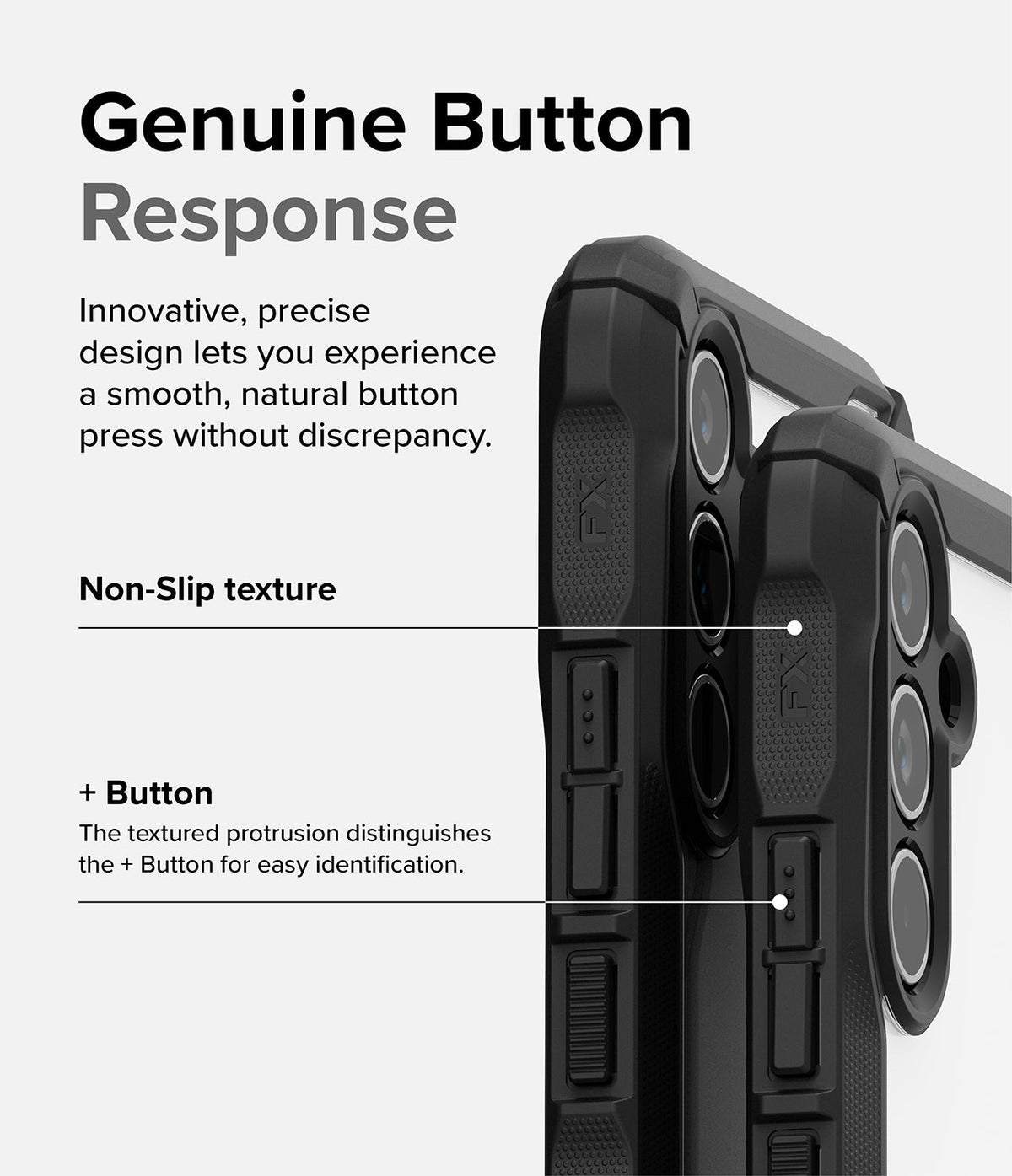 Galaxy A54 Case | Fusion-X - Close-up of phone case buttons highlighting non-slip texture and a distinct plus button protrusion.