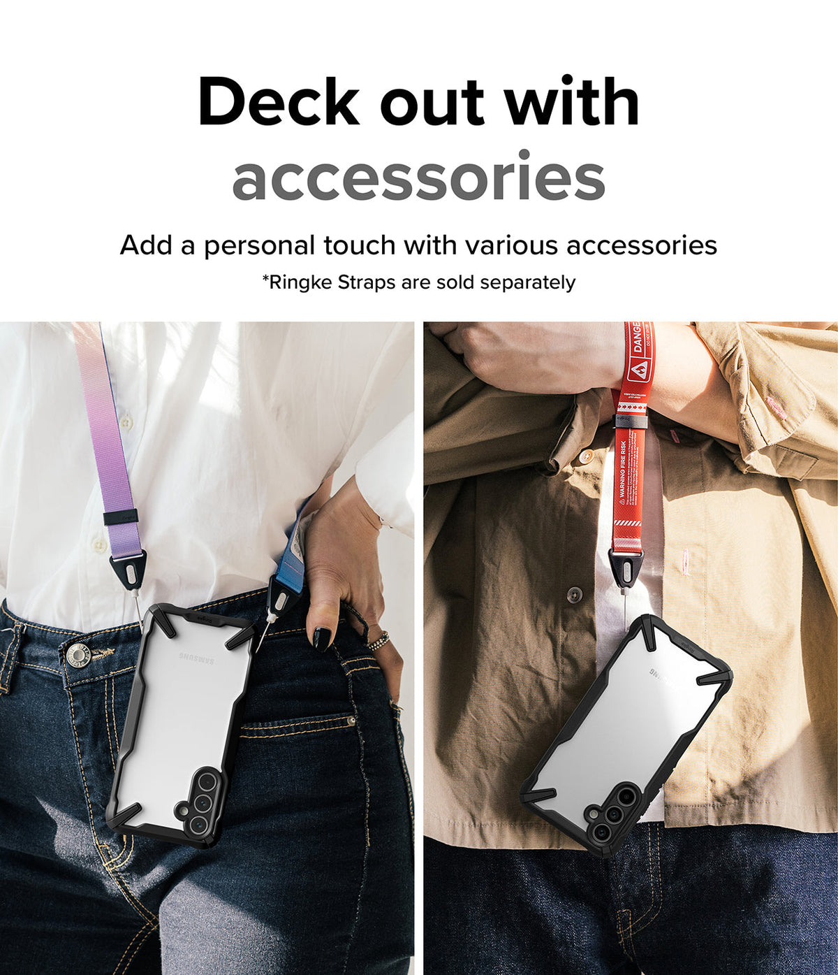 Galaxy A54 Case | Fusion-X - Two people wearing Galaxy A54 phones in Fusion-X cases with colorful neck straps attached.