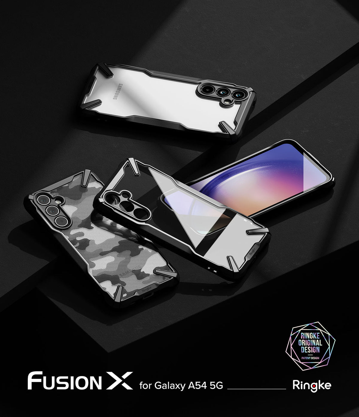 Galaxy A54 Case | Fusion-X - Three Galaxy A54 phones in rugged black Fusion-X cases arranged on a dark surface.