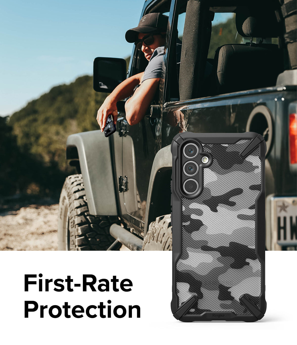 Galaxy A54 Case | Fusion-X - Black and white camo phone case with rugged bumpers shown next to a person in an off-road vehicle.