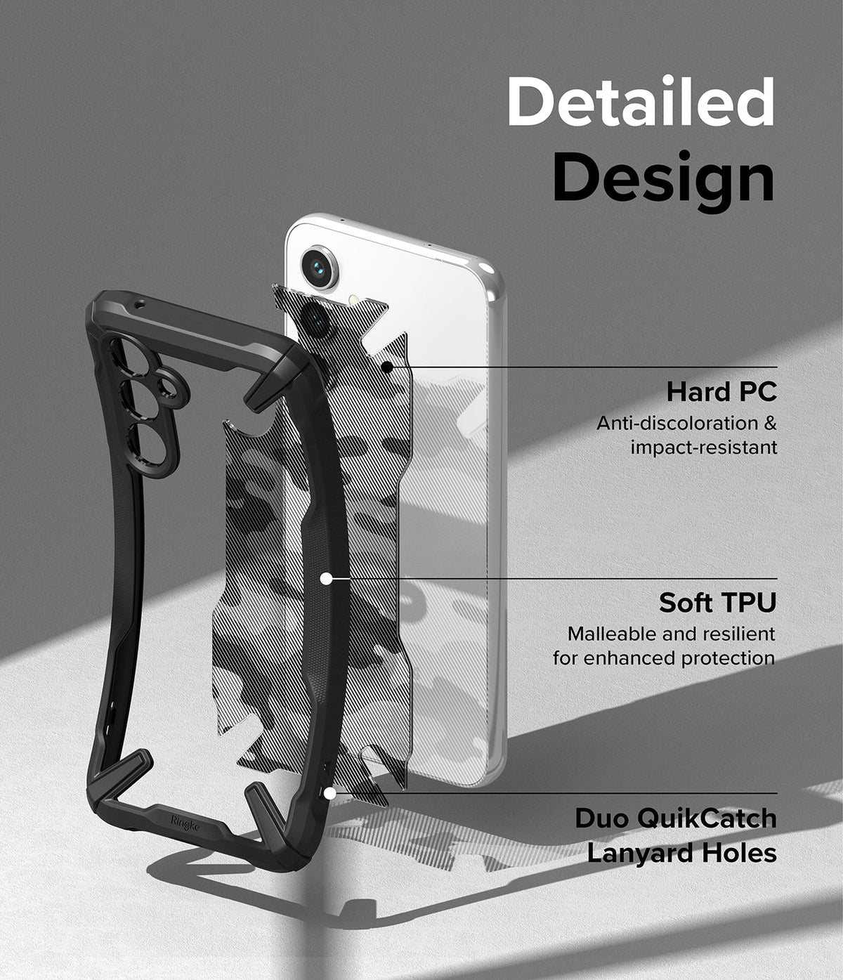 Galaxy A54 Case | Fusion-X - Exploded view of phone case showing hard PC back, soft TPU frame, and lanyard holes with text labels.
