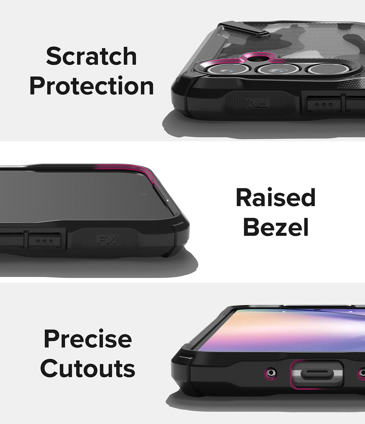 Galaxy A54 Case | Fusion-X - Close-ups showing camera scratch protection, raised screen bezels, and precise port cutouts.