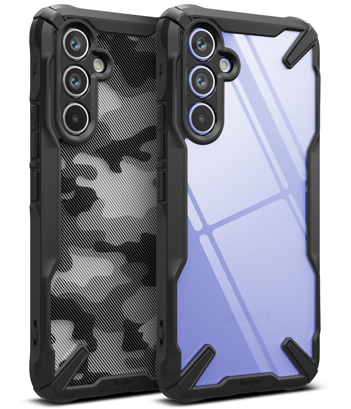 Galaxy A54 Case | Fusion-X - Two Fusion-X cases for Galaxy A54 with black bumpers, one with camo and one with clear back.