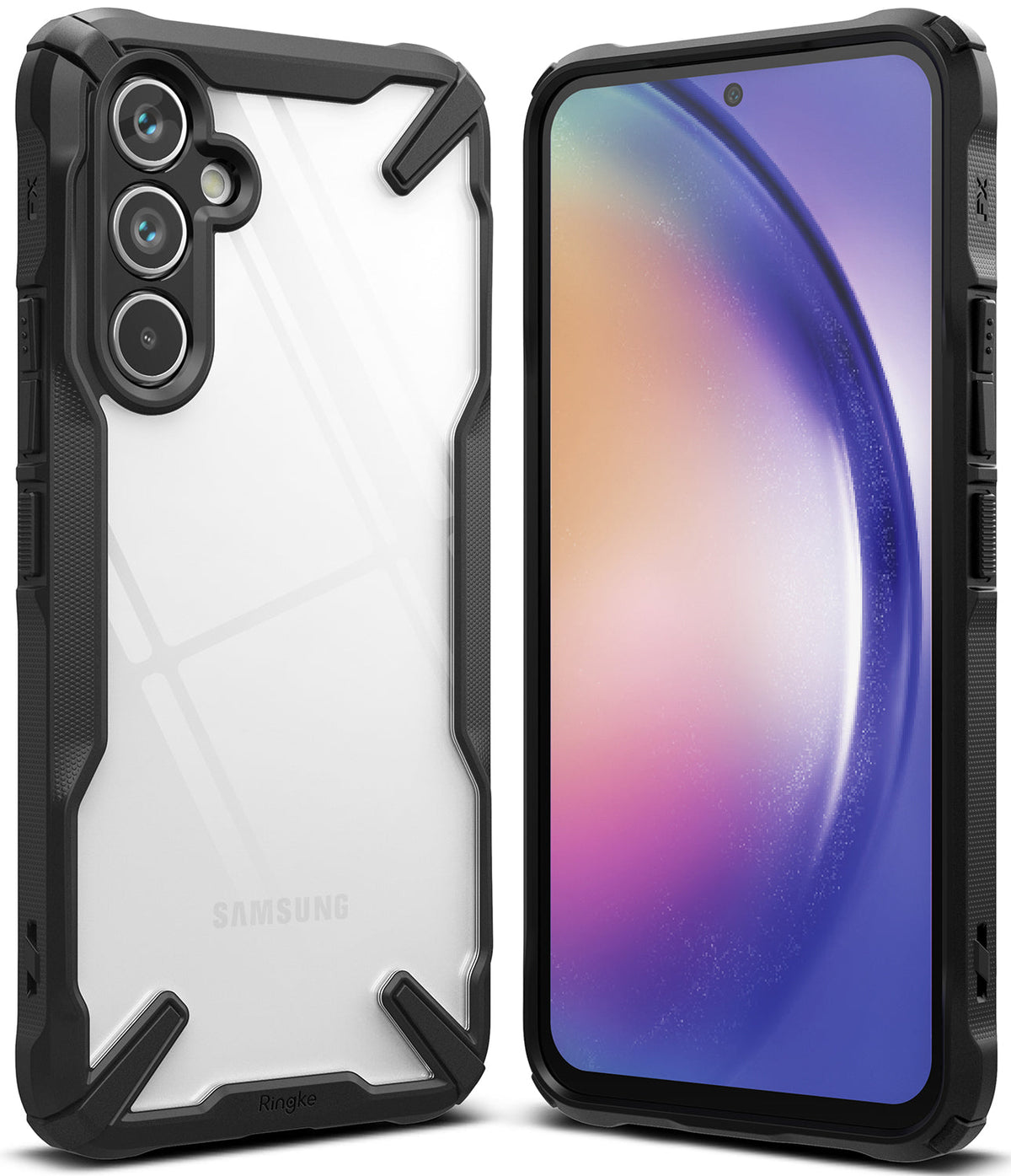 Galaxy A54 Case | Fusion-X - Clear back phone case with a rugged black bumper frame shown from front and back angles.