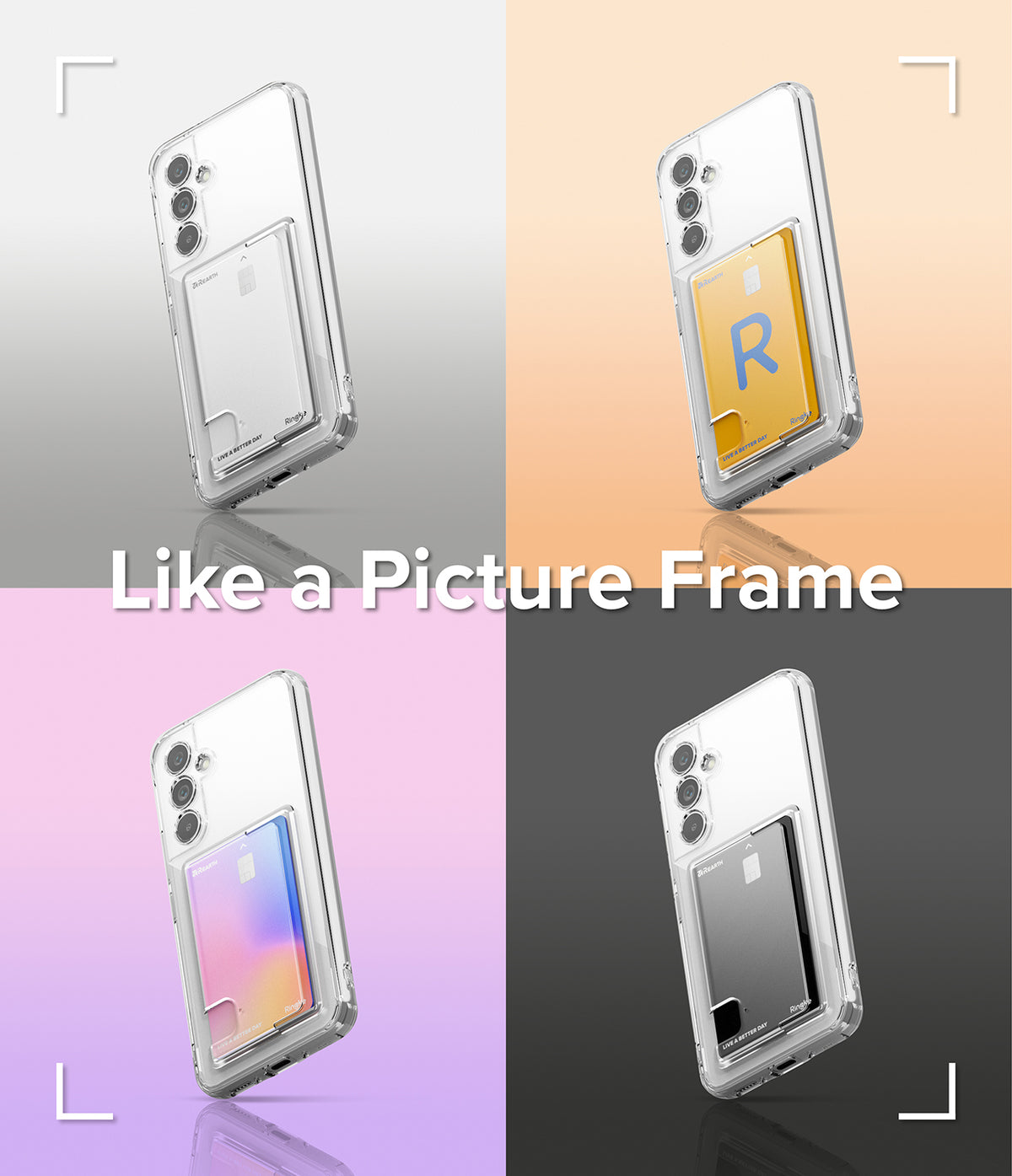 Galaxy A54 Case | Fusion Card - Four Galaxy A54 phones in clear cases with different colored cards inserted in the back.