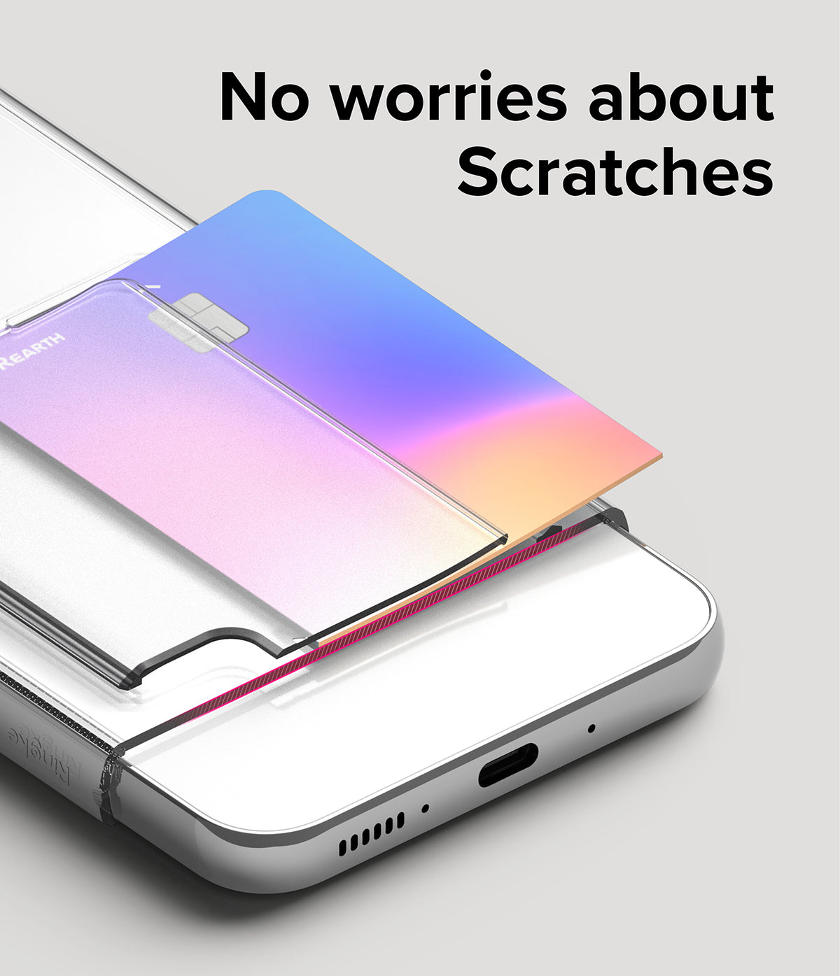 Galaxy A54 Case | Fusion Card - A credit card sliding into a clear phone case with the text No worries about Scratches.
