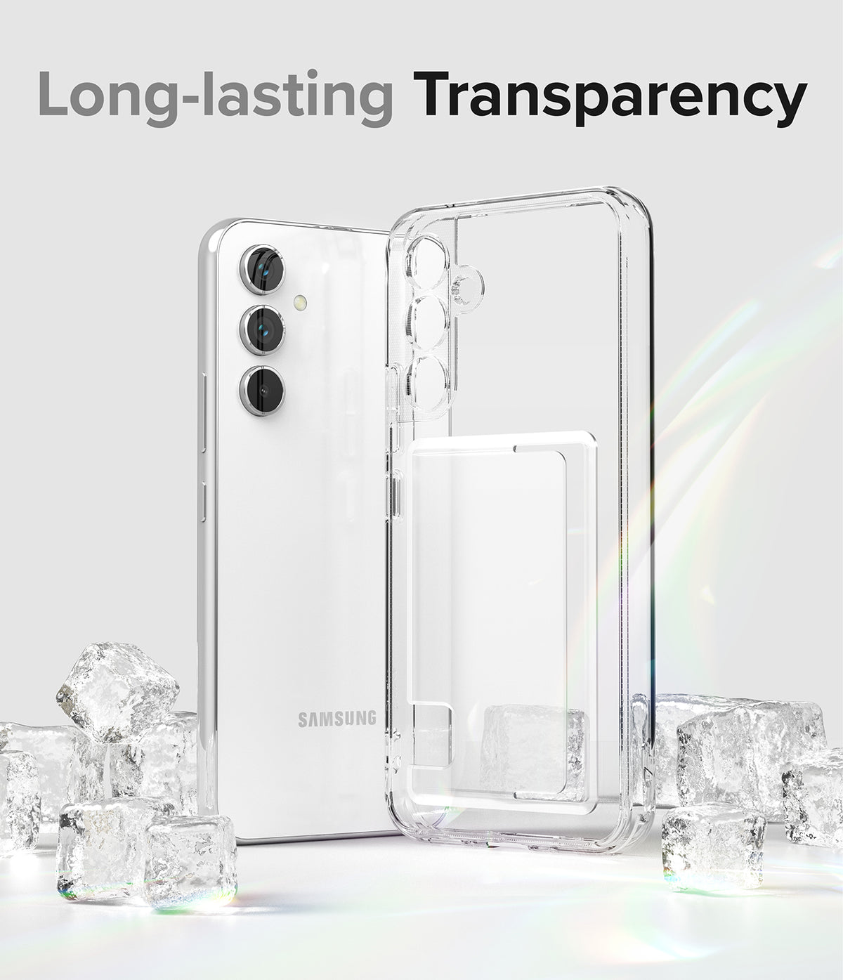 Galaxy A54 Case | Fusion Card - Clear phone case and white Samsung phone standing among ice cubes with text overlay.