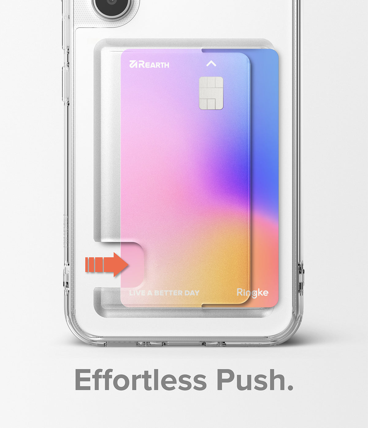 Galaxy A54 Case | Fusion Card - Clear phone case with a gradient card slot and an arrow indicating how to push the card out.