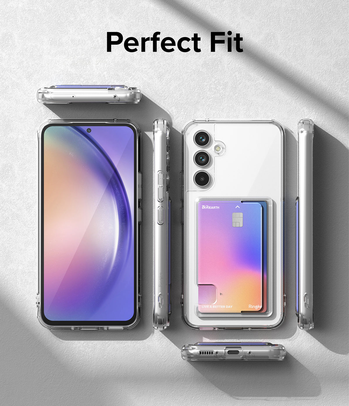 Galaxy A54 Case | Fusion Card - Clear phone case with a card holder slot displaying a gradient card on a grey background.