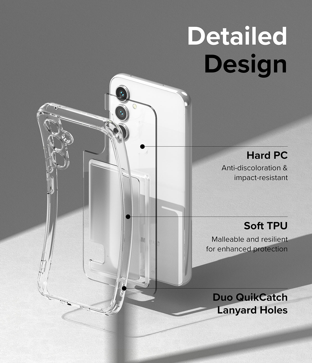 Galaxy A54 Case | Fusion Card - Exploded view of a clear phone case highlighting hard PC, soft TPU, and lanyard holes.