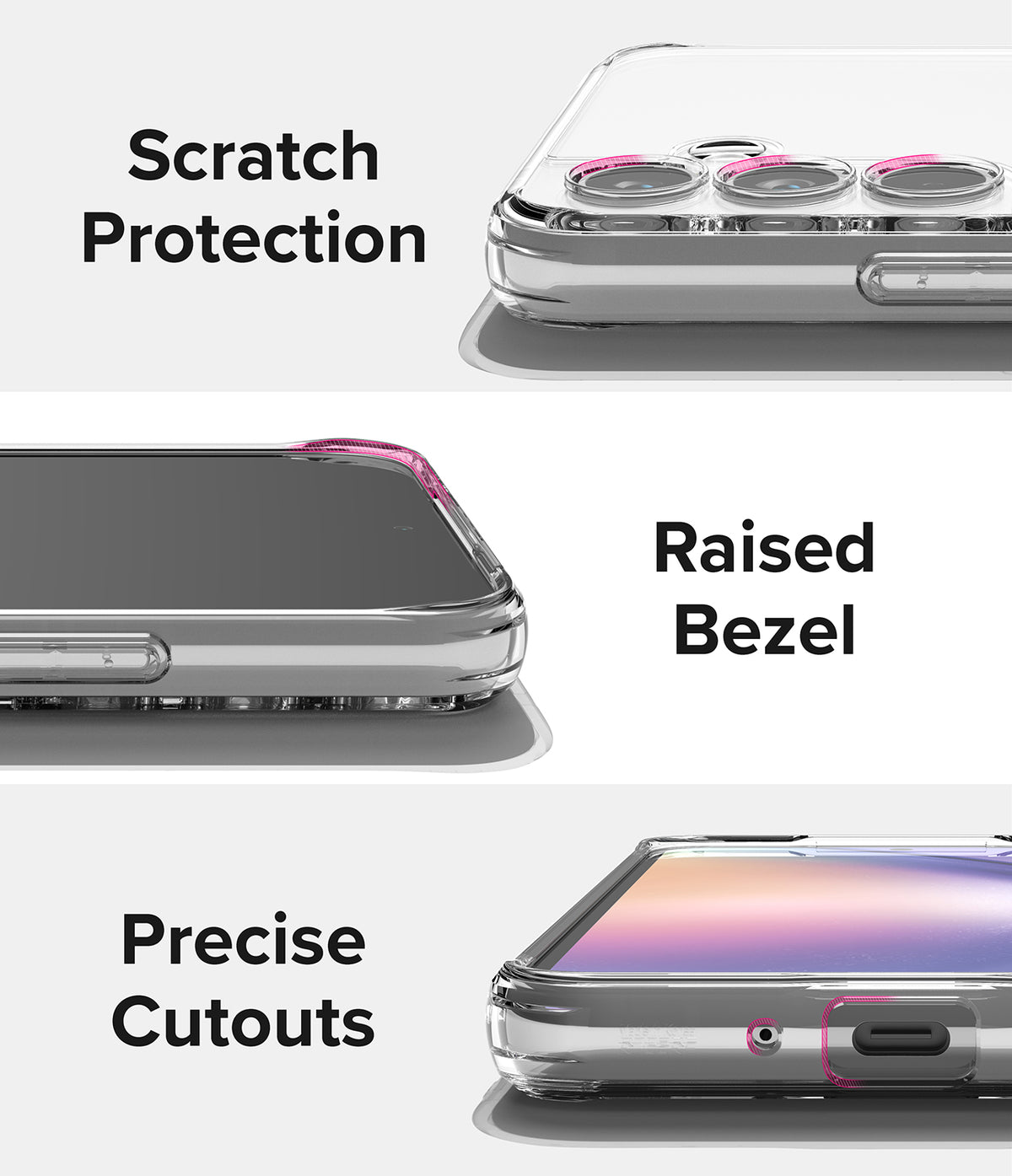 Galaxy A54 Case | Fusion Card - Close-ups showing scratch protection, raised screen bezels, and precise port cutouts.