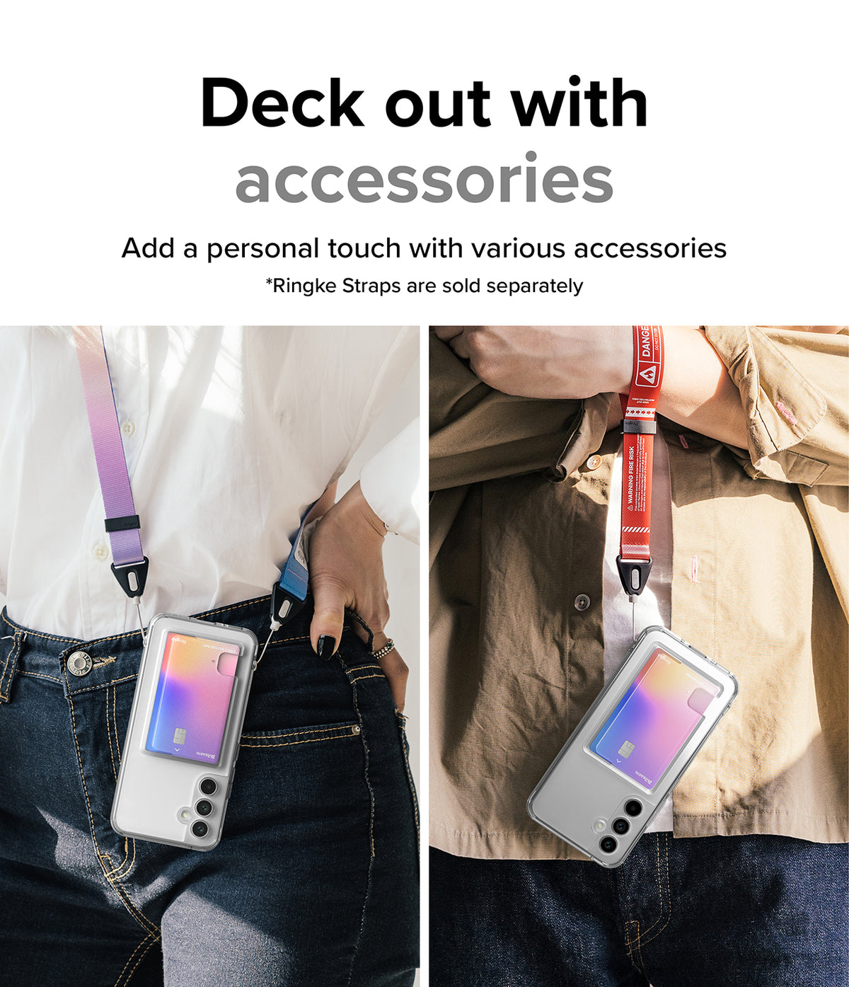 Galaxy A54 Case | Fusion Card - Two people wearing Galaxy A54 phones with card holder cases and colorful neck straps.