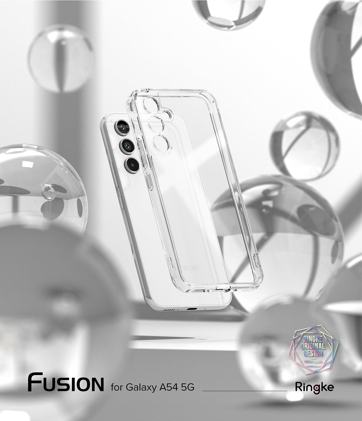 Galaxy A54 Case | Fusion - Clear protective phone case floating amidst abstract glass spheres on a light grey background.