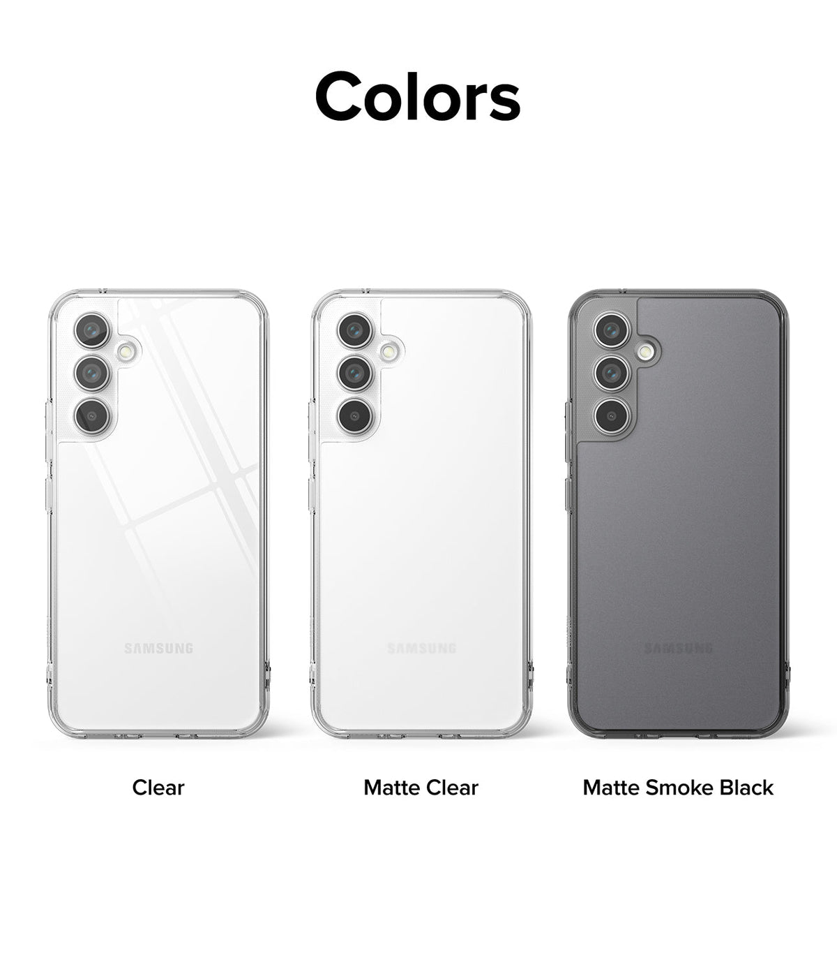 Galaxy A54 Case | Fusion - Three Galaxy A54 phones in clear, matte clear, and matte smoke black cases side by side.