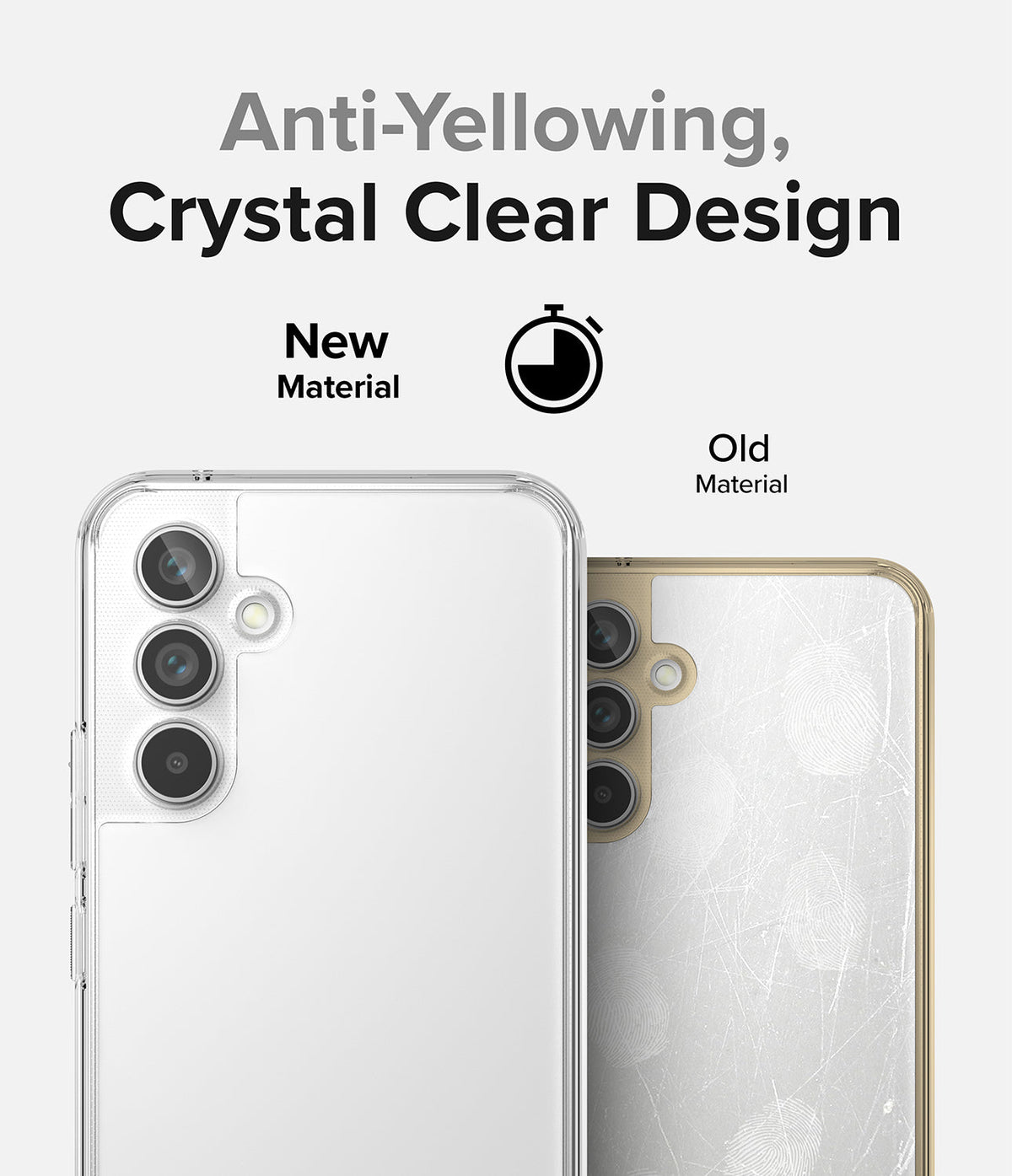 Galaxy A54 Case | Fusion - Comparison of a clear, pristine phone case versus an old, yellowed, and scratched case.