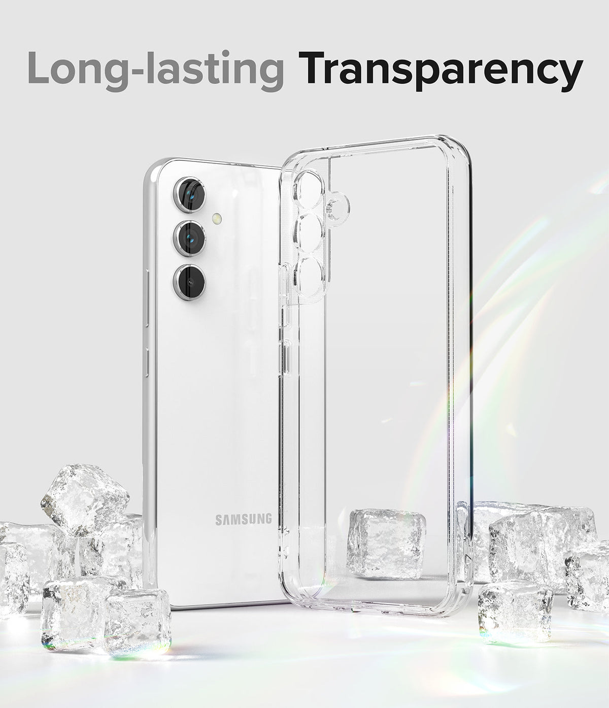 Galaxy A54 Case | Fusion - Clear phone case next to a white Samsung phone surrounded by ice cubes on a light background.