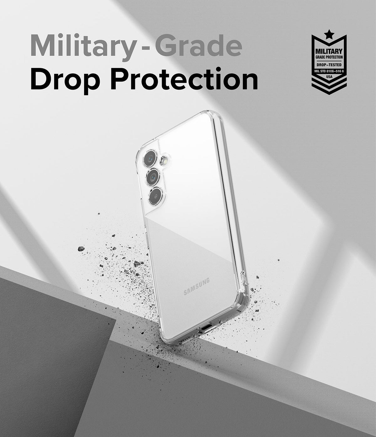 Galaxy A54 Case | Fusion - Clear phone case on a geometric background with Military-Grade Drop Protection text and badge.