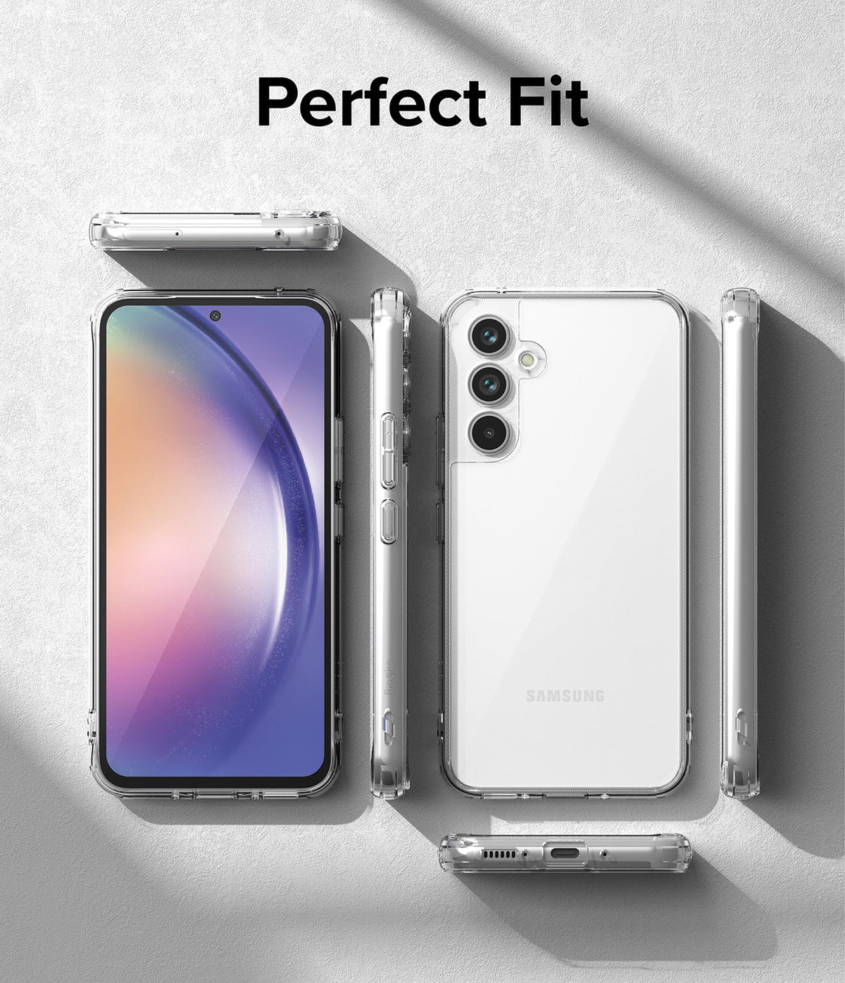 Galaxy A54 Case | Fusion - Clear phone case shown from multiple angles surrounding a Galaxy A54 phone on a gray background.