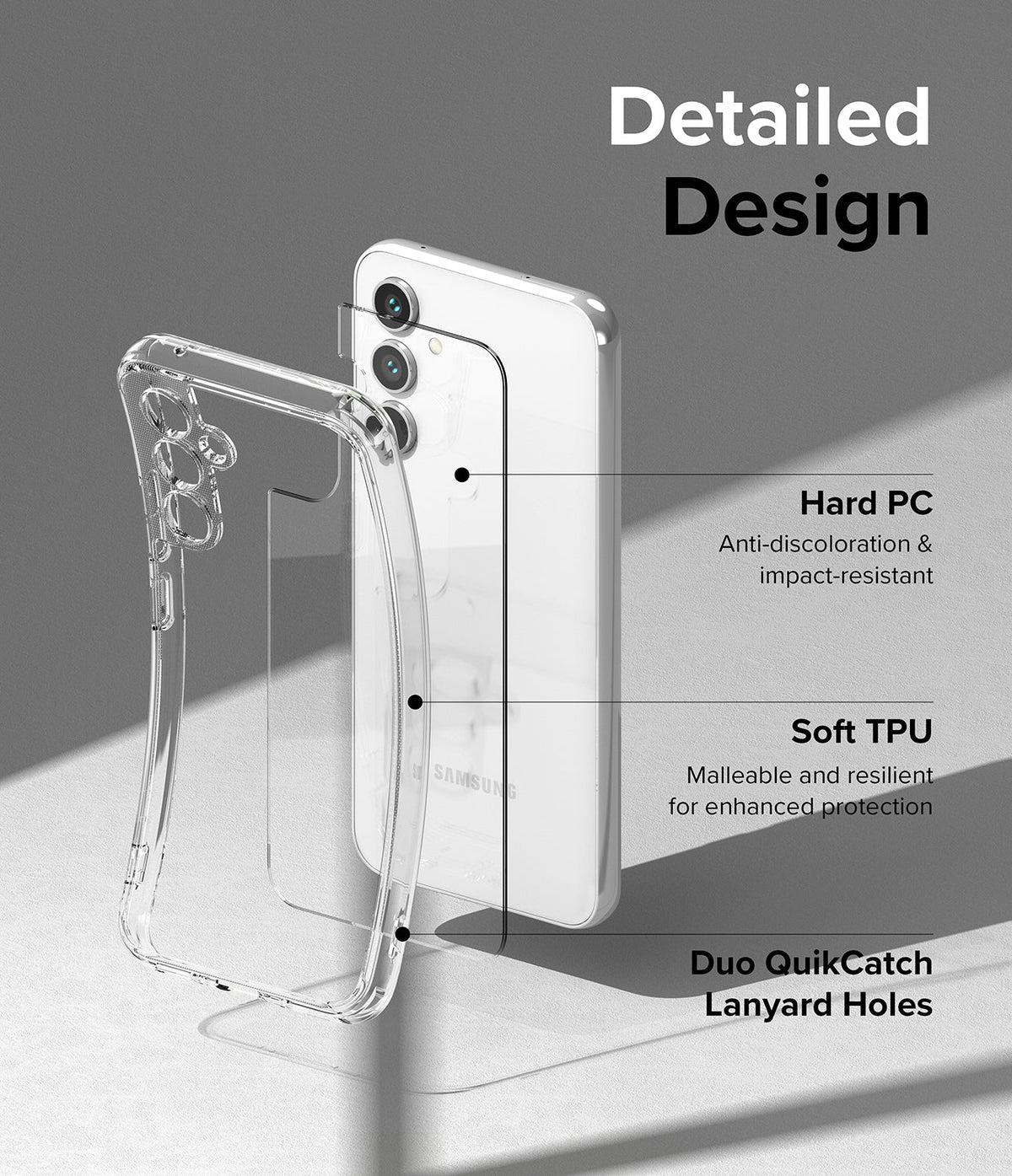 Galaxy A54 Case | Fusion - Exploded view of a clear phone case showing hard PC back, soft TPU frame, and lanyard holes.