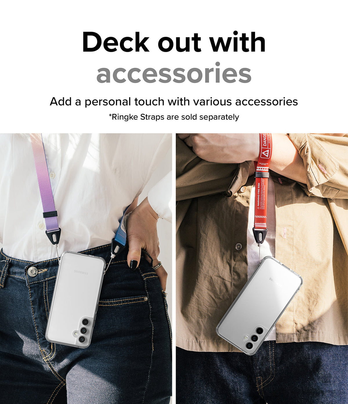 Galaxy A54 Case | Fusion - Two people wearing clear phone cases on colorful lanyards around their necks or wrists.