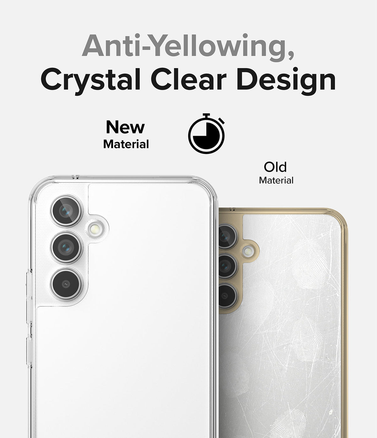 Galaxy A54 Case | Fusion - Comparison of a clear, pristine phone case versus an old, yellowed, and scratched case.