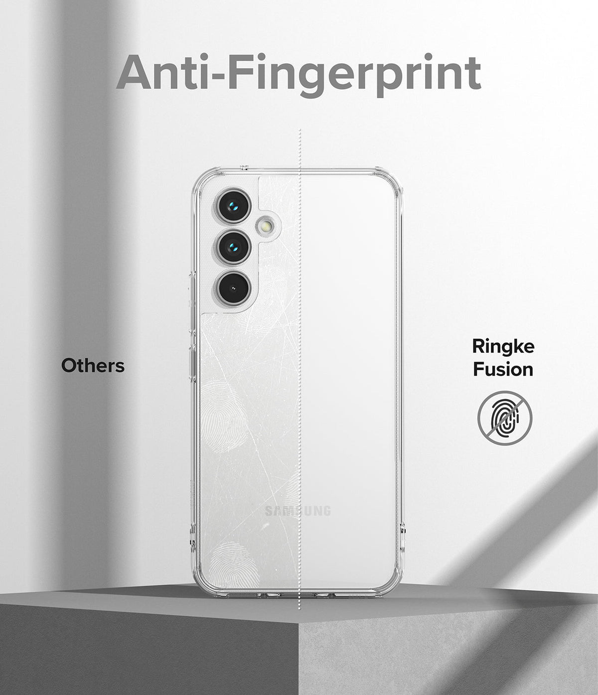 Galaxy A54 Case | Fusion - Comparison showing a smudged generic case versus a clean, fingerprint-resistant Ringke Fusion case.