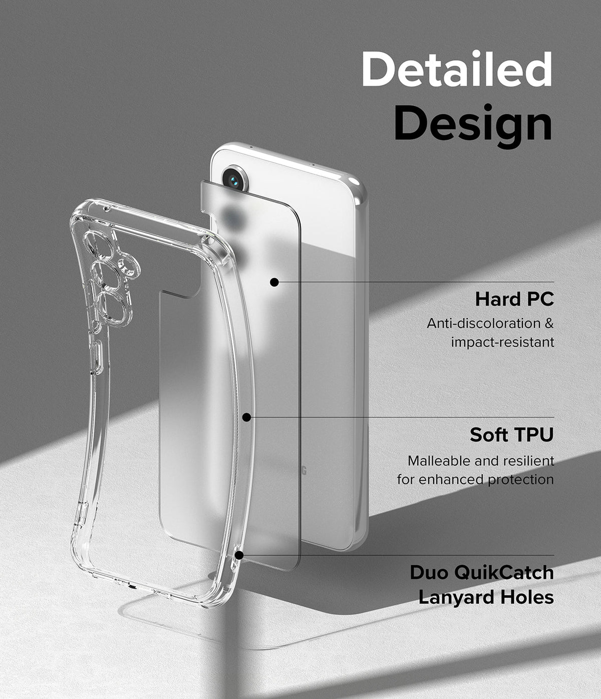 Galaxy A54 Case | Fusion - Exploded view of a clear phone case highlighting hard PC, soft TPU, and lanyard holes.