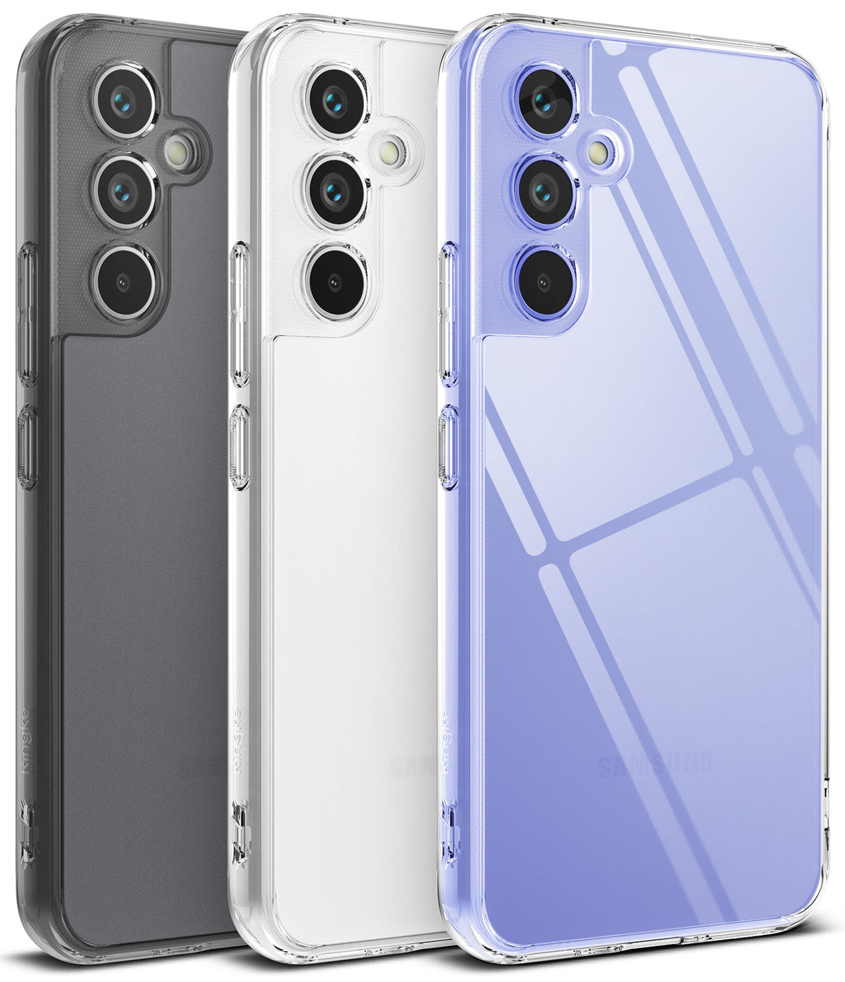 Galaxy A54 Case | Fusion - Three Galaxy A54 phones in black, clear, and violet cases shown from the back.