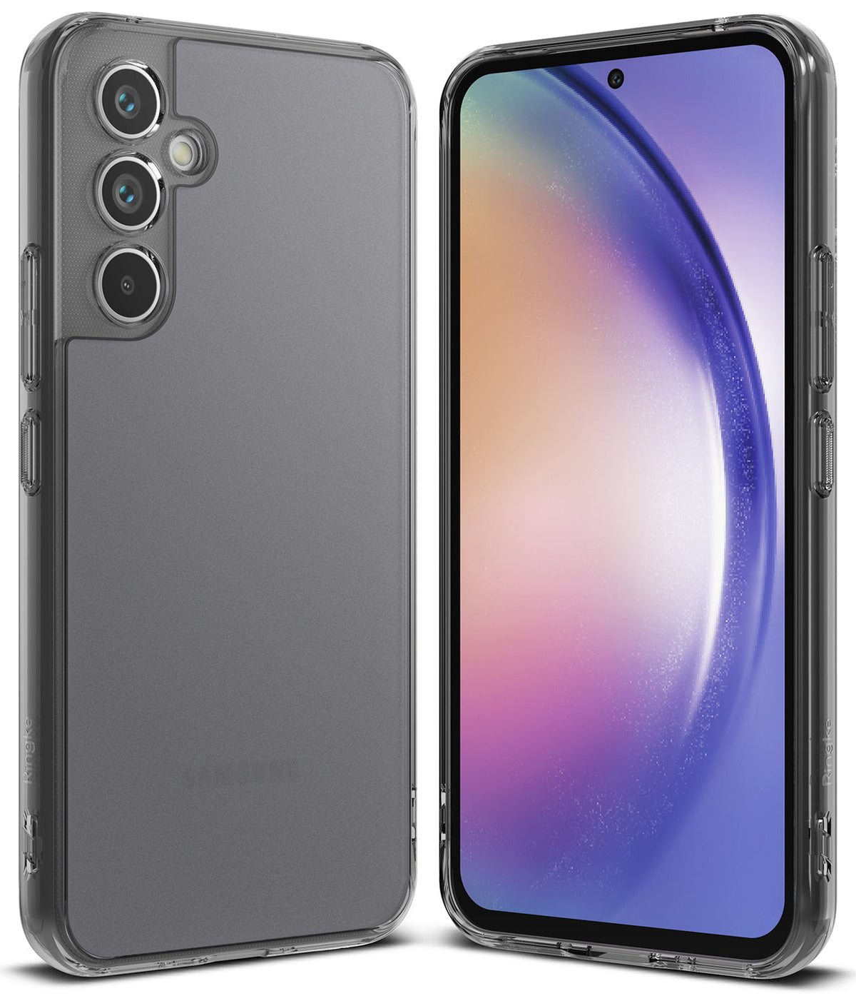Galaxy A54 Case | Fusion - Clear protective phone case shown from back and front angles on a Galaxy A54 smartphone.
