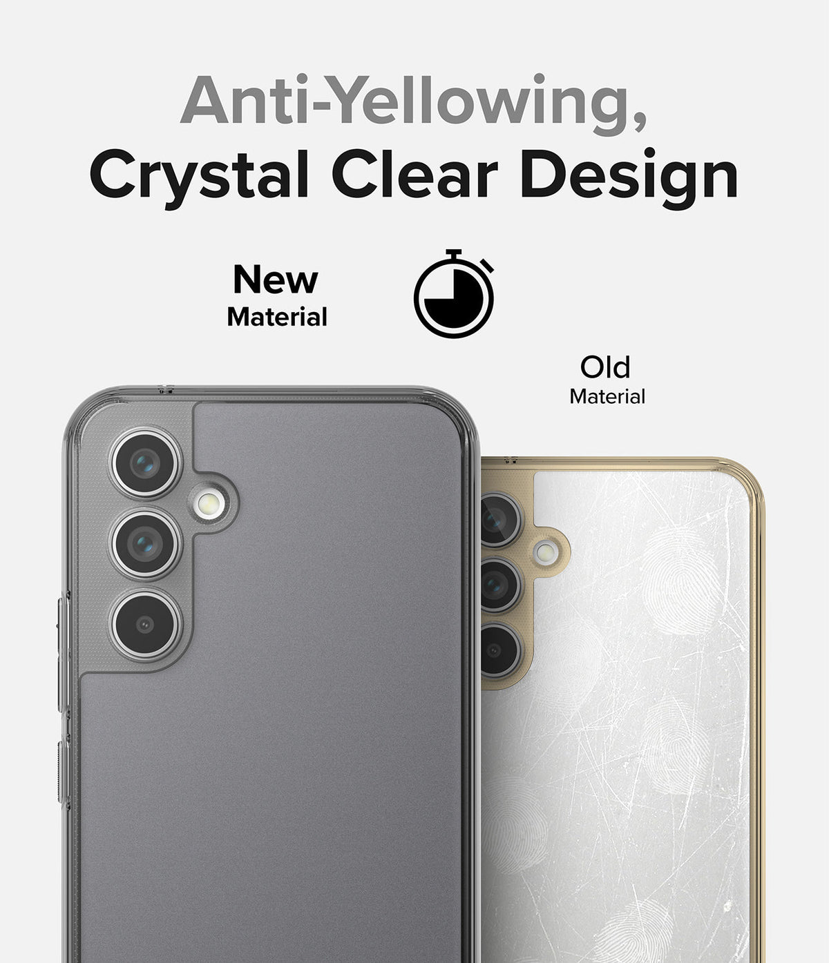 Galaxy A54 Case | Fusion - Comparison of a clear, pristine phone case versus a yellowed, scratched old material case.