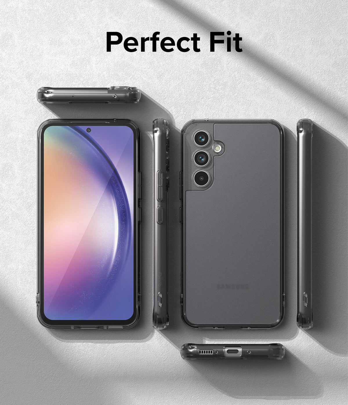 Galaxy A54 Case | Fusion - Multiple views of a Galaxy A54 in a clear protective case on a textured gray background.