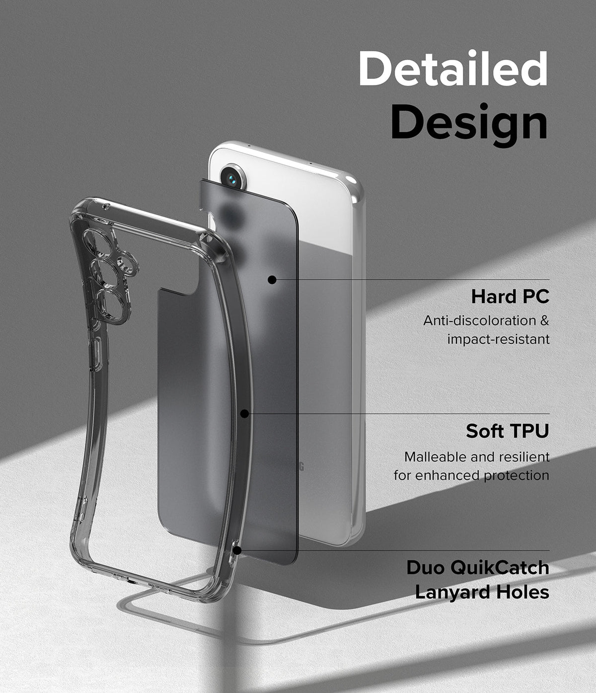 Galaxy A54 Case | Fusion - Exploded view of phone case showing hard PC back, soft TPU frame, and lanyard holes.