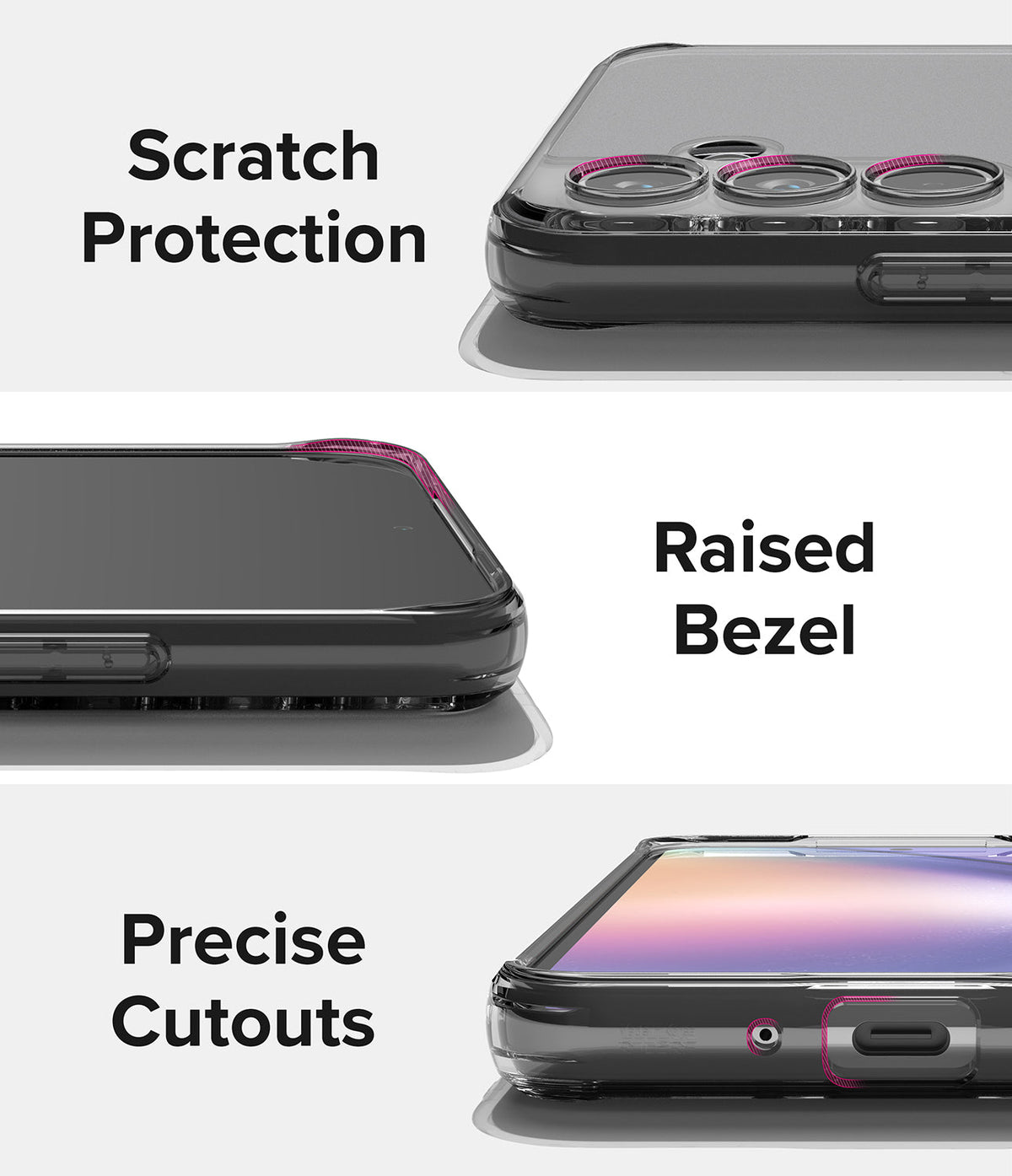 Galaxy A54 Case | Fusion - Close-ups showing scratch protection, raised screen bezels, and precise port cutouts.