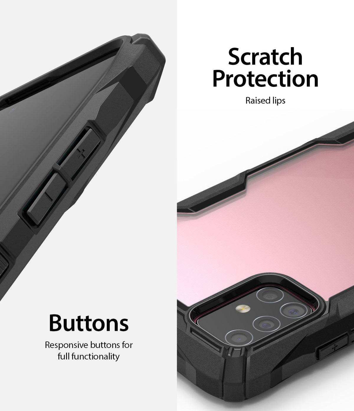Galaxy A71 Case | Fusion-X - Close-up of responsive side buttons and raised camera protection on a black protective phone case.
