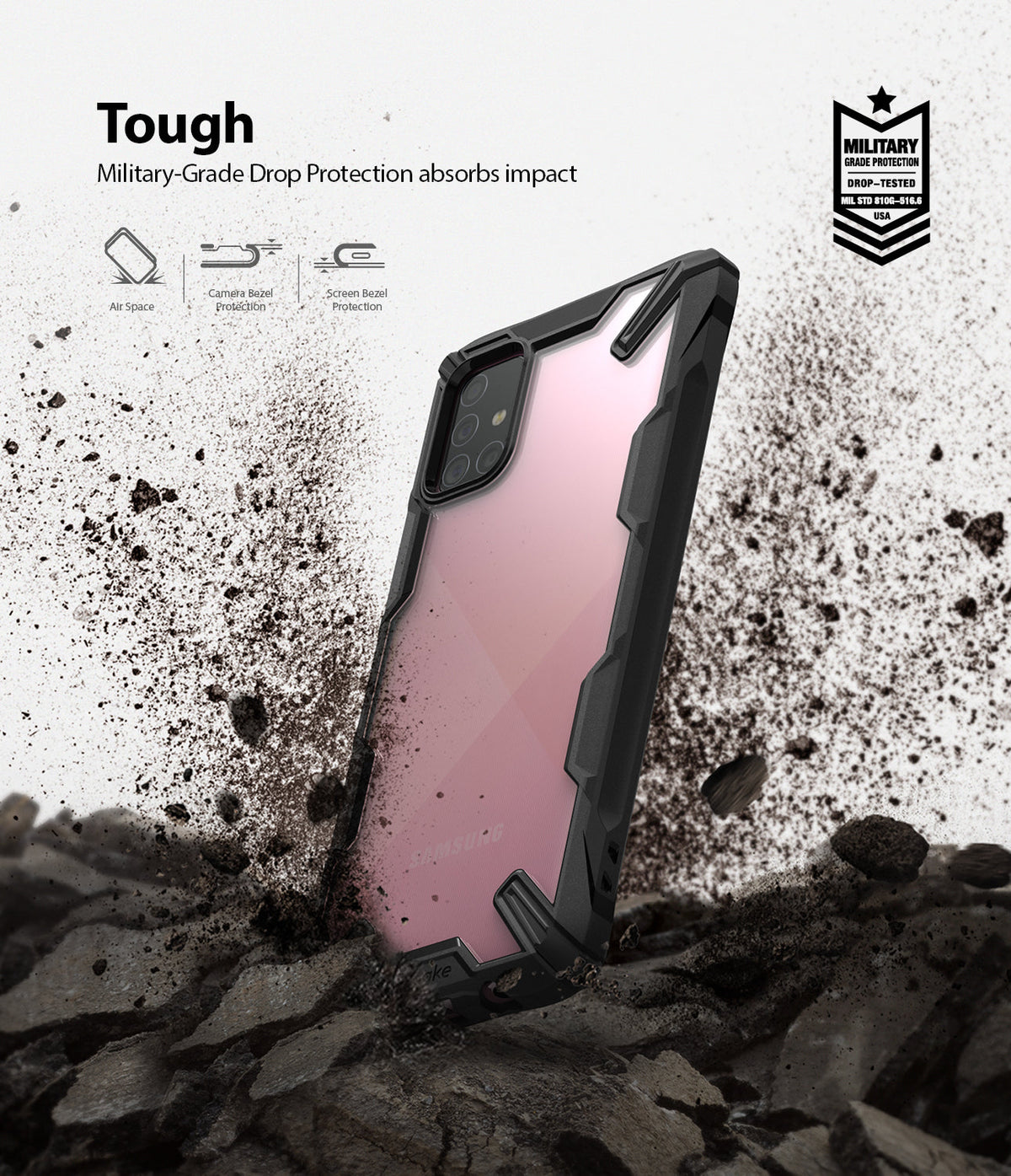 Galaxy A71 Case | Fusion-X - Black protective phone case with clear back, shown amidst flying dirt and debris.