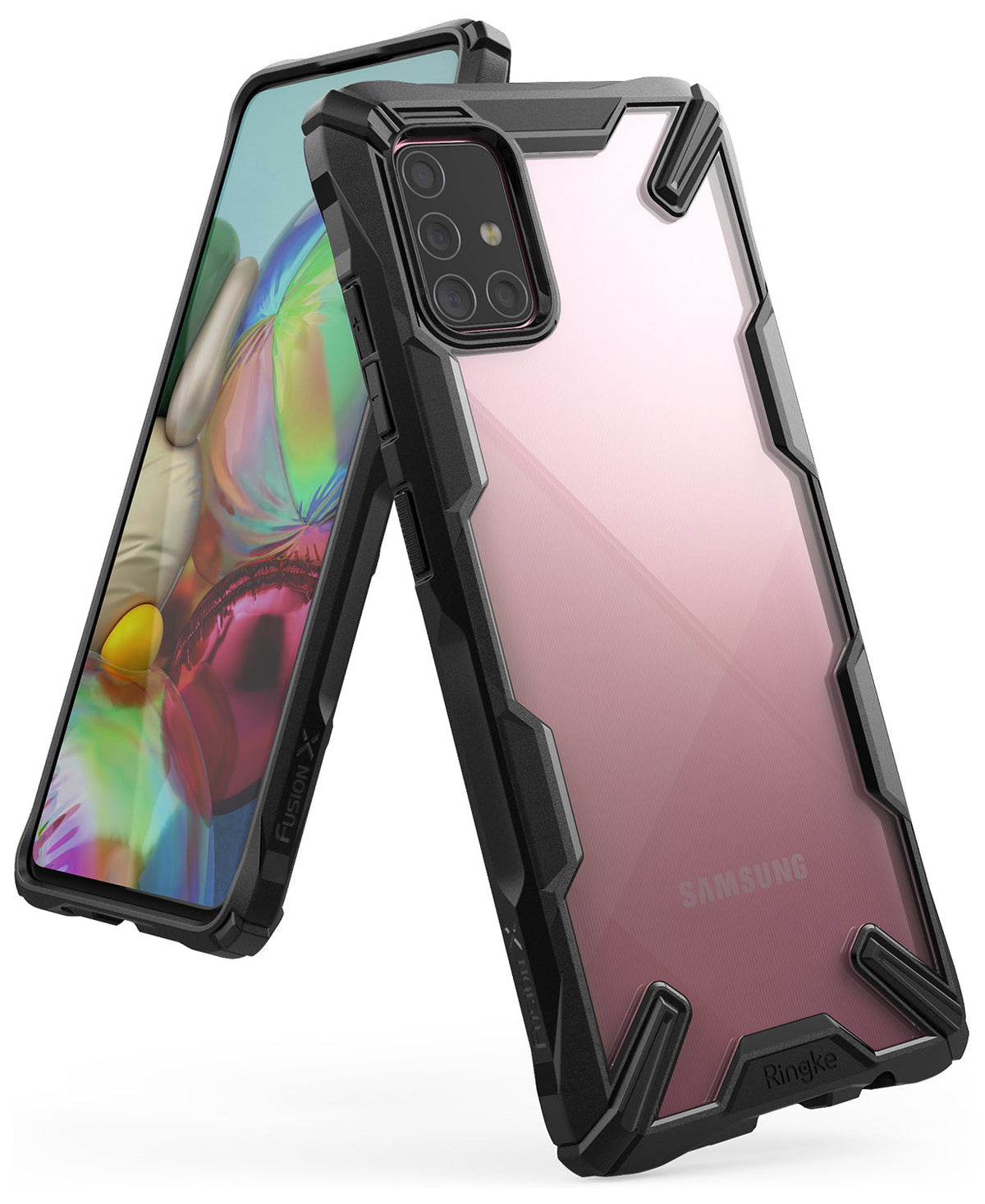Galaxy A71 Case | Fusion-X - Black rugged bumper case with clear back on a Samsung Galaxy A71 phone.