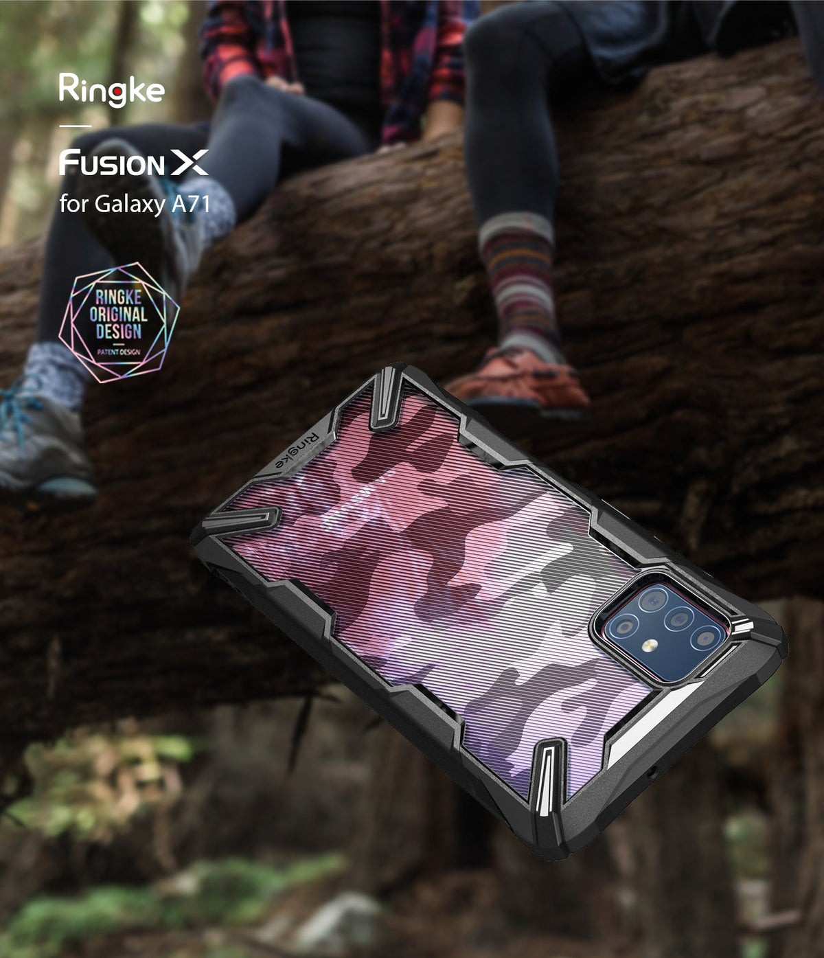 Galaxy A71 Case | Fusion-X - Black rugged phone case with a pink and purple camouflage back design against a blurred forest background.
