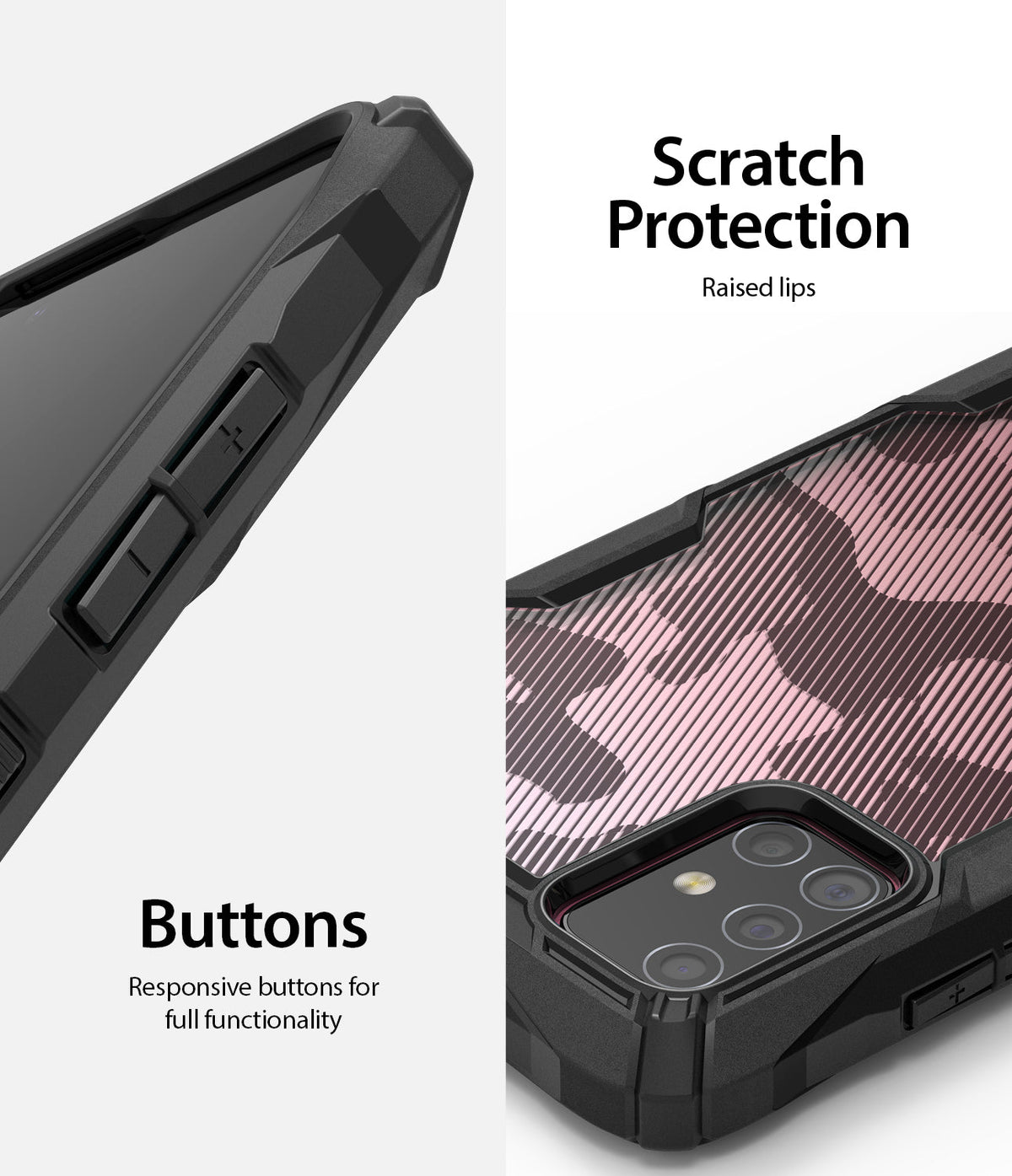 Galaxy A71 Case | Fusion-X - Close-up of black phone case with pink camo back, raised camera edges, and responsive side buttons.