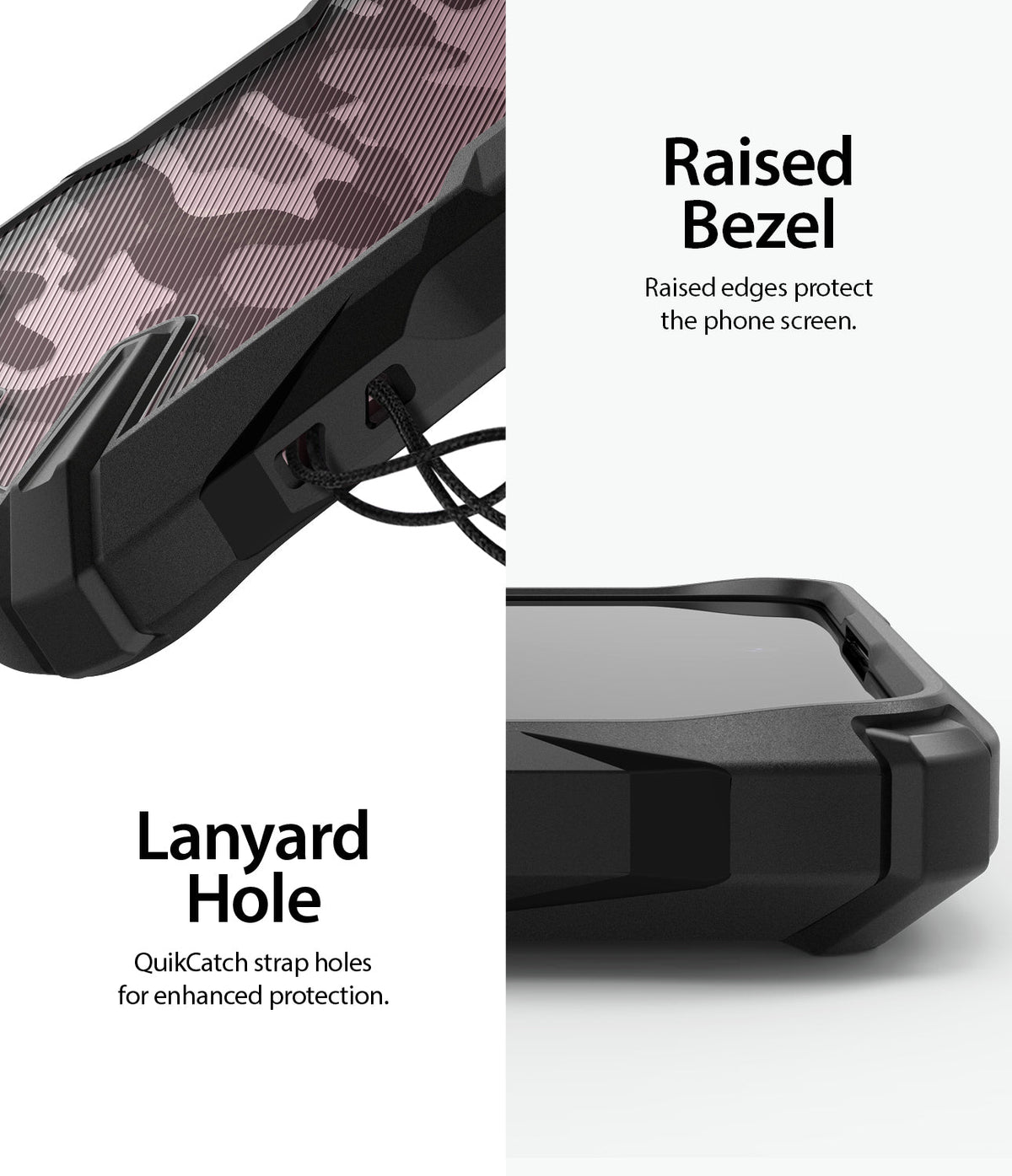 Galaxy A71 Case | Fusion-X - Close-up of phone case showing raised screen bezels and a built-in lanyard hole with a strap.