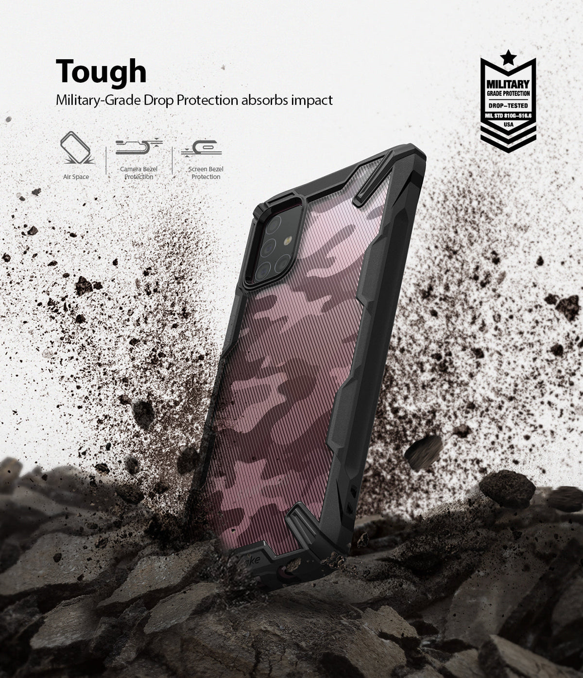Galaxy A71 Case | Fusion-X - Camo phone case standing in dirt with military-grade drop protection icons and text.